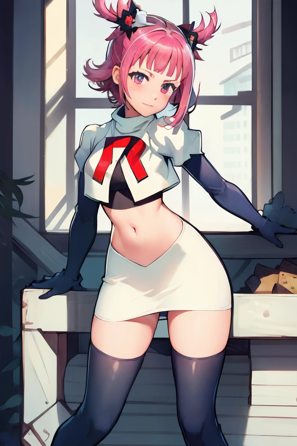 Hortensia, Hortensia \(Fire Emblem\), Hortensia \(Fire Emblem: Engage\), pink hair, team rocket, team rocket uniform, red letter R, white skirt, white crop top, black thigh-high boots, black elbow gloves,