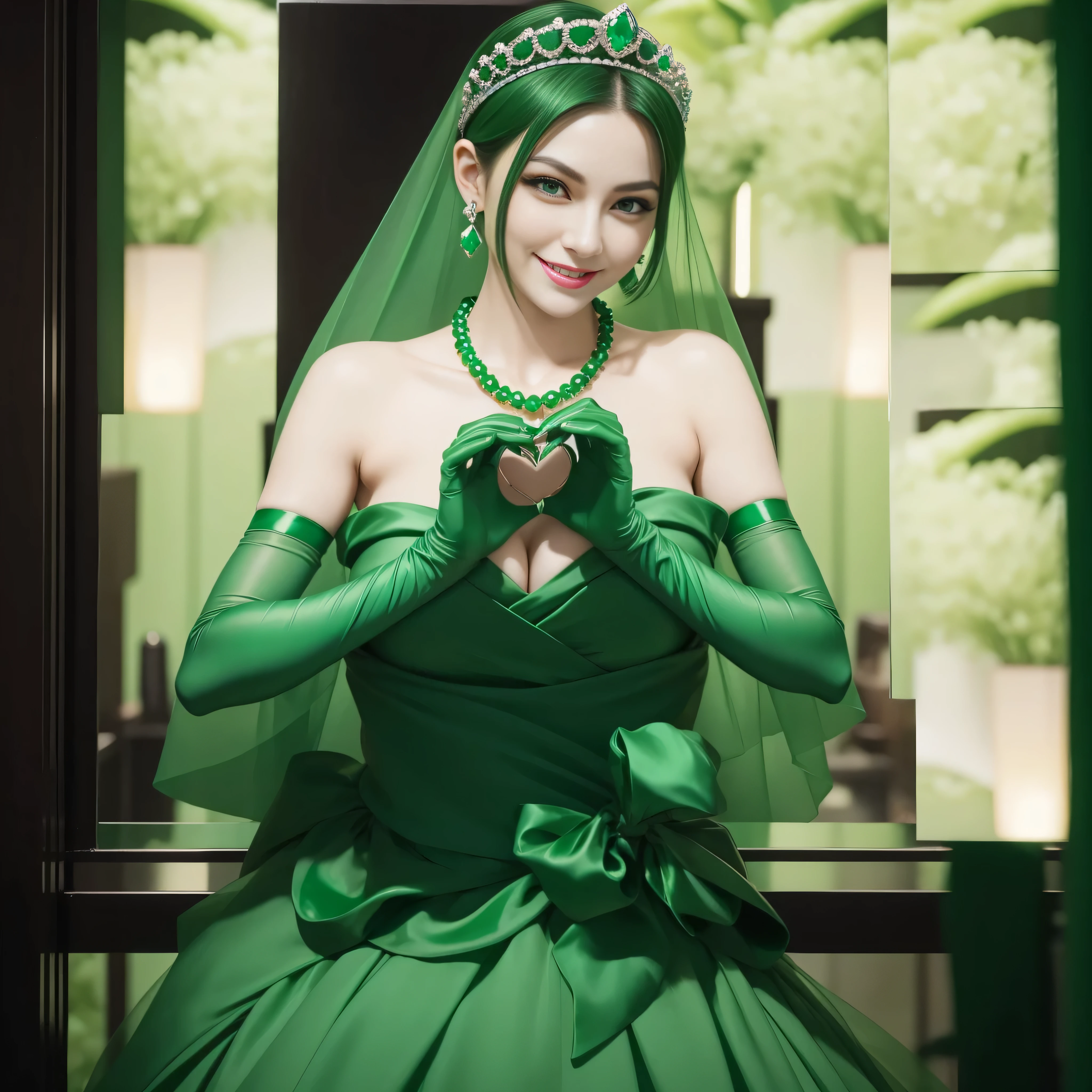 emerald tiara, Green Pearl Necklace, Boyish very short green hair, lipsticks, Japan woman smiling, very short short hair, big breasts beautiful, Green eyes, Long green gloves made of satin material, Green eyes, Emerald Earrings, green vale, 両Heart in the hand, Heart in the hand