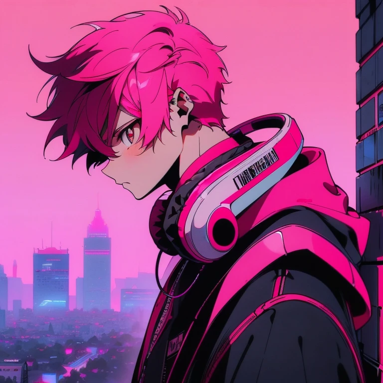 (short-cut), (Two-block hair), (vivid pink hair), (male character), (Red Eyes), (Cool pose), (of the highest quality), (masterpiece), (ultra-detailliert), (Oversized hoodies), (Street), (neons), (Camera from a down angle), (Modern City), (neonsデイライト), (Cinematic), (Stylish), (hight resolution), (Hyper Detailed), (Looking at the camera), (Anime-style), (Softtown), (nightcore), (a handsome man), (Listening to music through headphones), (natural appearance of the building), (casual), (ig studios anime style), (Super beautiful angle of view),