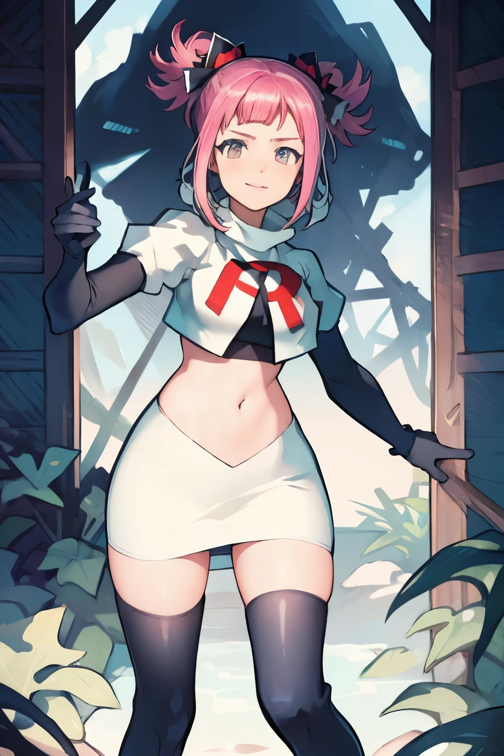 Hortensia, Hortensia \(Fire Emblem\), Hortensia \(Fire Emblem: Engage\), pink hair, team rocket, team rocket uniform, red letter R, white skirt, white crop top, black thigh-high boots, black elbow gloves,