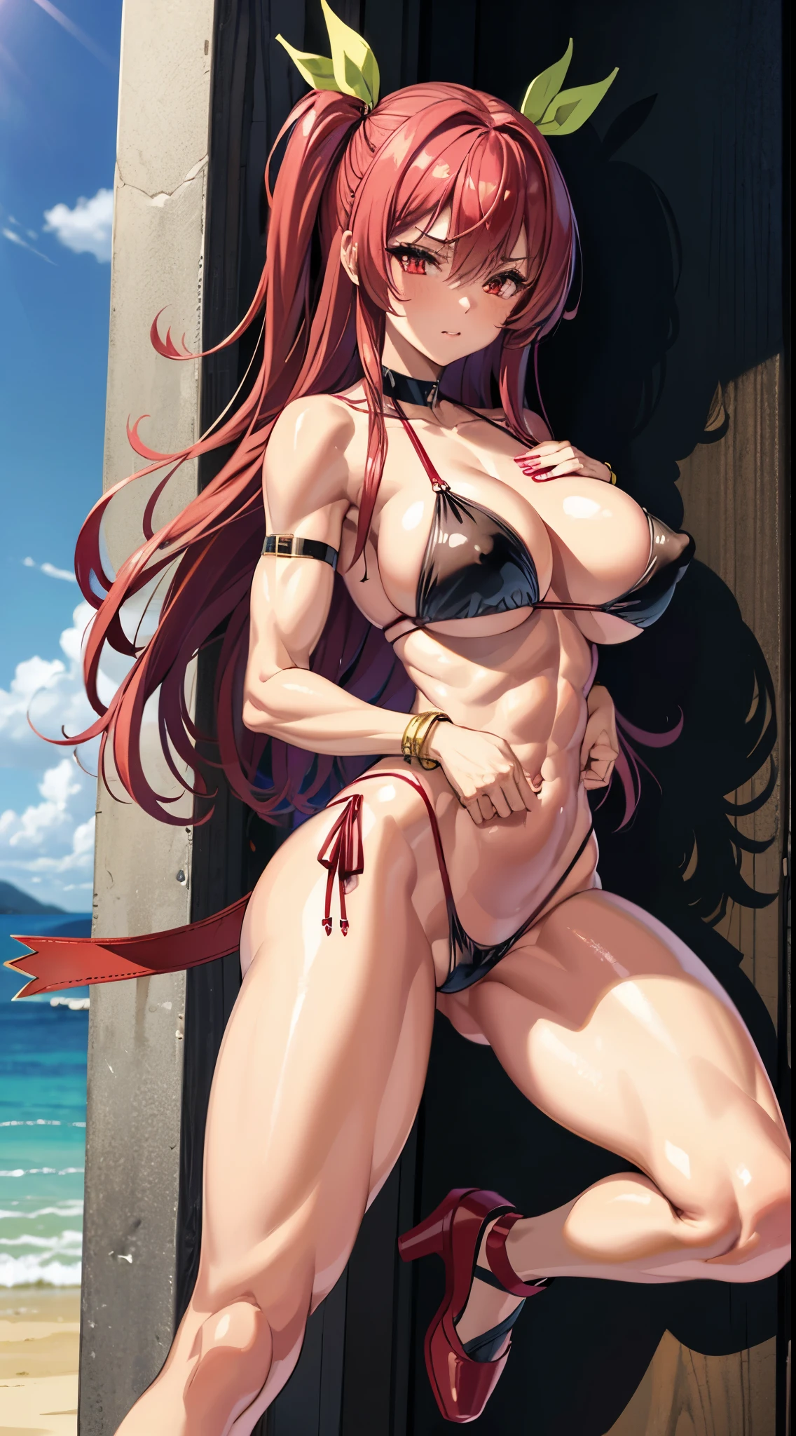 master piece、Superior Quality、1 girl in、(Stella Vermillion)、Ligature bracelet、muscular thighs, muscular belly, wide hips, (very thin waist), large breasts, very hard breasts, Breasts, very hard nipples, (( (holding her breasts))), (on the beach), wearing red shoes with high heels scene), very hot, well-made hands, red nails, well-done red manicure with lots of details, {{{wearing a well-made bikini , short and very sexy}}}, eye reflection, extended eyes, (red eyes), lonely, Pouting, anime, anime style, Luminous lighting, ray tracing, panorama, Nikon, Udisk hard, master piece, precise, anatomically correct, textured skin, Super Detail, high quality, best quality, ultra-high resolution, Hard Udisk, 16k