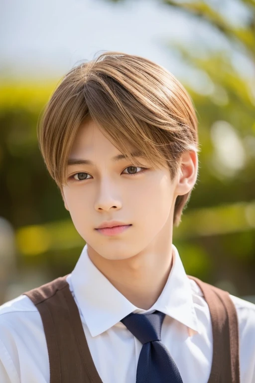 male,center parts,forehead,beautiful young man,japan america mix,teen age,like a girl,orange blond hair,light brown eyes,gray shirts,white necktie,black pants,from front,double eyelids,blush