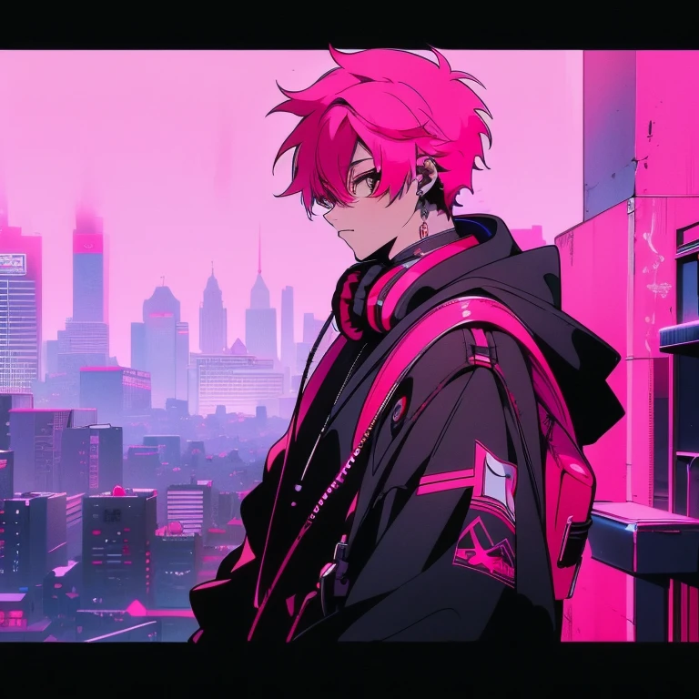 (short-cut), (Two-block hair), (vivid pink hair), (male character), (Red Eyes), (Cool pose), (of the highest quality), (masterpiece), (ultra-detailliert), (Oversized hoodies), (Street), (neons), (Camera from a down angle), (Modern City), (neonsデイライト), (Cinematic), (Stylish), (hight resolution), (Hyper Detailed), (Looking at the camera), (Anime-style), (Softtown), (nightcore), (a handsome man), (Listening to music through headphones), (natural appearance of the building), (casual), (ig studios anime style), (Super beautiful angle of view),