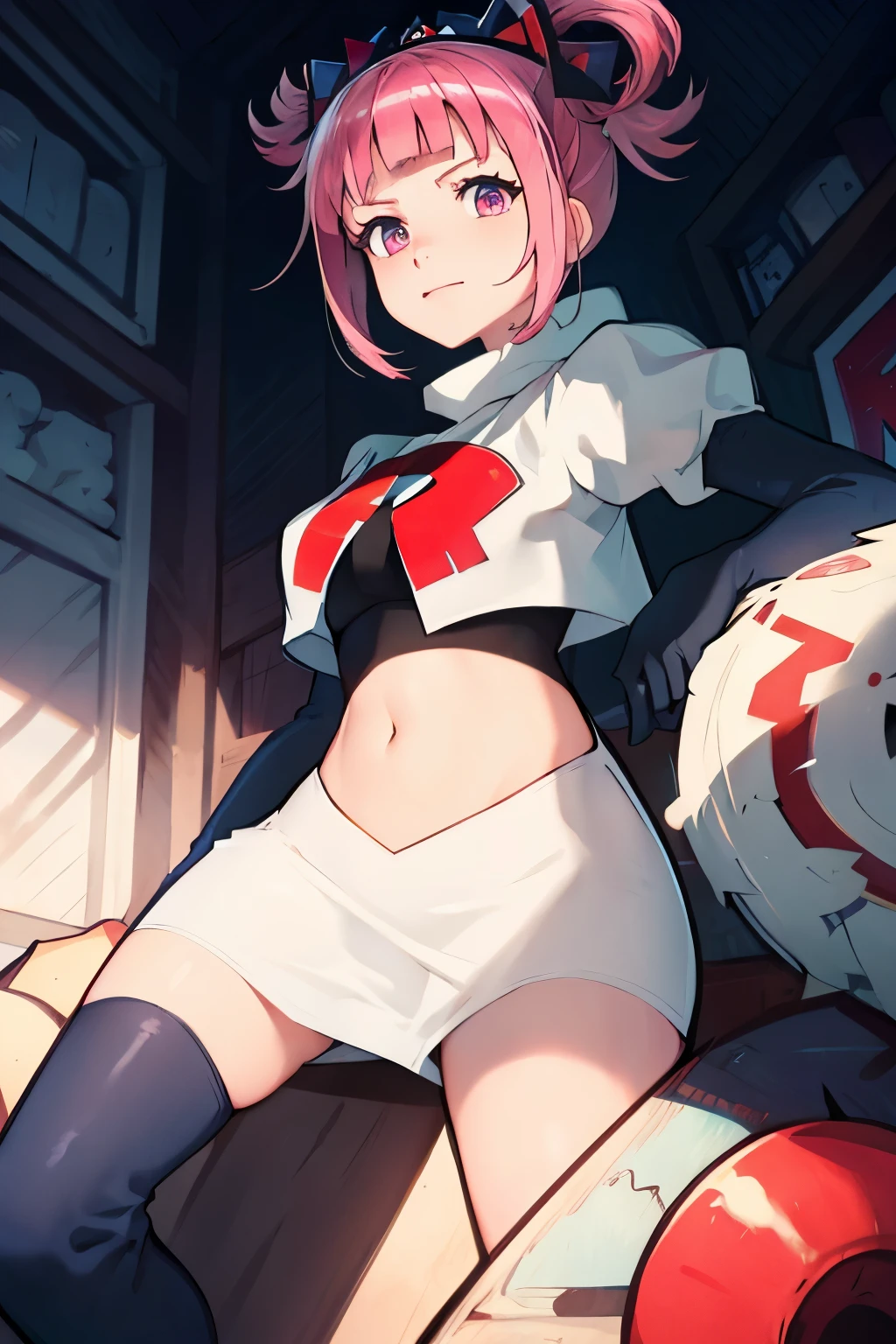 Hortensia, Hortensia \(Fire Emblem\), Hortensia \(Fire Emblem: Engage\), pink hair, team rocket, team rocket uniform, red letter R, white skirt, white crop top, black thigh-high boots, black elbow gloves,