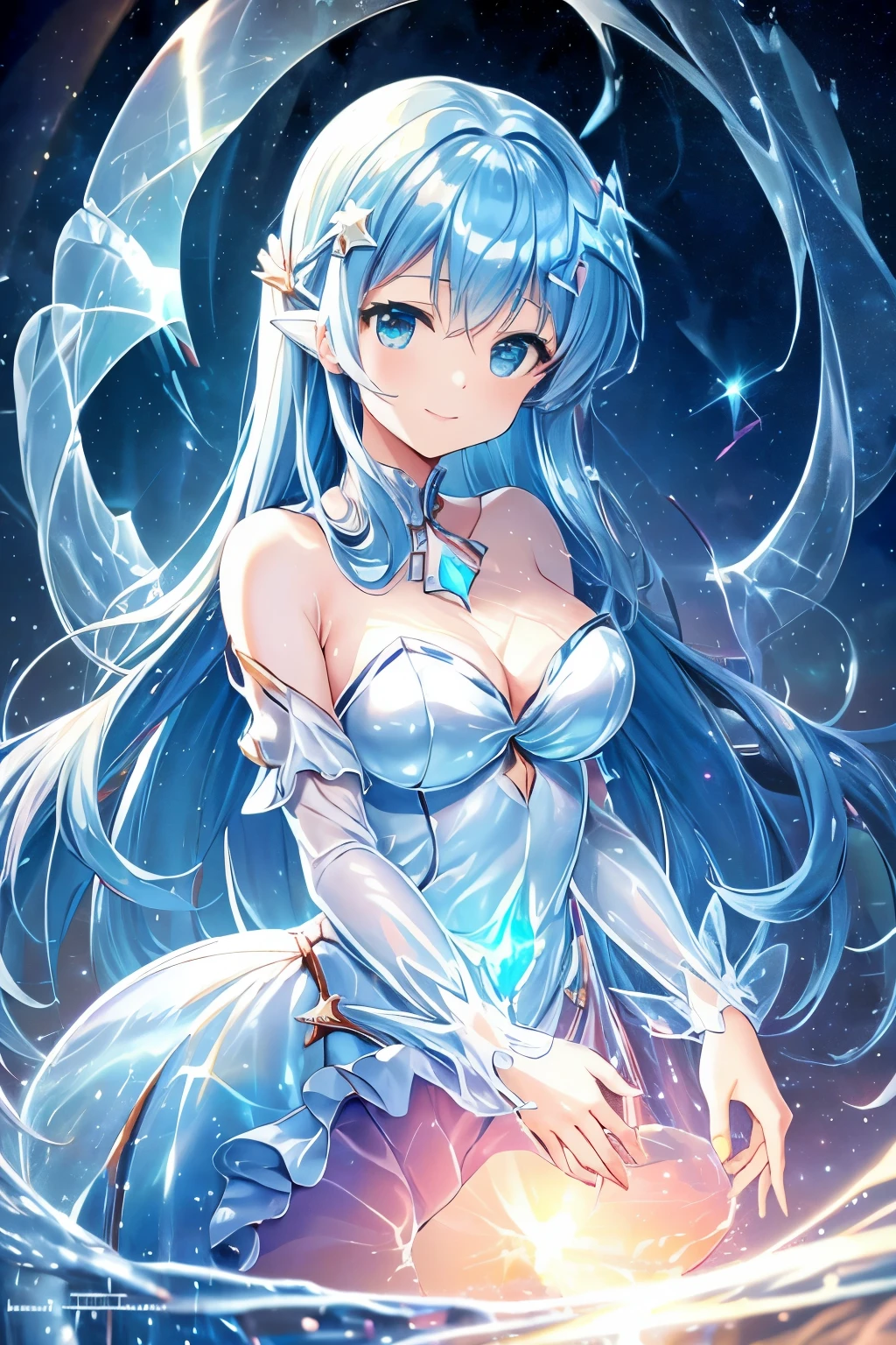 {{{masutepiece}}}, {{best qualtiy, An ultra-fine illustrations, beautifulanddelicatewater}}, {{very delicate light}}, {{Nature, Painting}}, {{Fine Lighting, More transparent stars, Very fine 8K PCG wallpaper}}, (plateau), Sunrise, randomly distributed clouds, cliff, ((Rotating starry sky)), Beautiful girl with long light blue hair with luminous particles、Twin-tailed、adorable smiling、facing front、Super Gloss Metallic Coral Rainbow Transparent Holographic Suit:1.2),