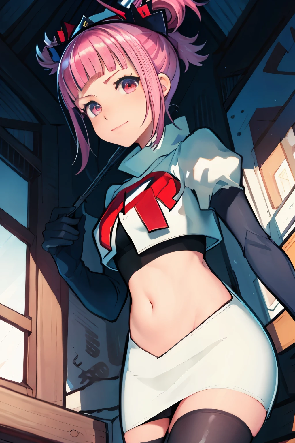 Hortensia, Hortensia \(Fire Emblem\), Hortensia \(Fire Emblem: Engage\), pink hair, team rocket, team rocket uniform, red letter R, white skirt, white crop top, black thigh-high boots, black elbow gloves,