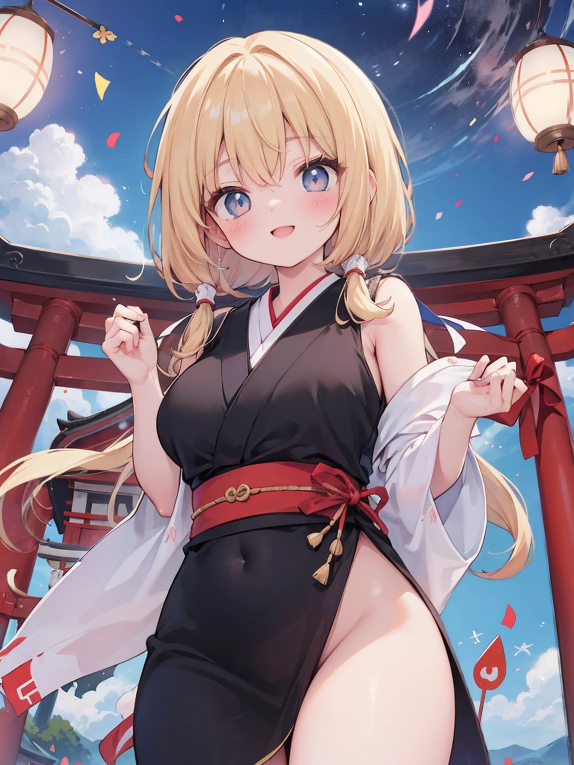 ((masutepiece)), ((best quality)), (ultra-detalhado), ((kawaii)), Cuovemente), ((sexy)), (Foi), ((extremamente detalhado)), 4k, (8k), best quality, (Beautiful), illustration, estilo anime, Pintura, Dynamic angle, corpo inteiro, Esbian de corpo inteiro, Angle looking up from below, (Japan Shrine), Sente-se no recinto, Abra as pernas, gradation, foco de corpo inteiro, Dim Sanctuary, Menina fofa s, 1girl em, sozinho, Maiden Shrine, Beautiful colored eyeeautiful eyes)), de pele branca, Penteados selecionados aleatoriamente, Glutes, Large breasts that are about to burst, Sorriso, sorriso, (corar), efeito espumante, Reflexo da lente, brilhante-cintilante, Brilhando
