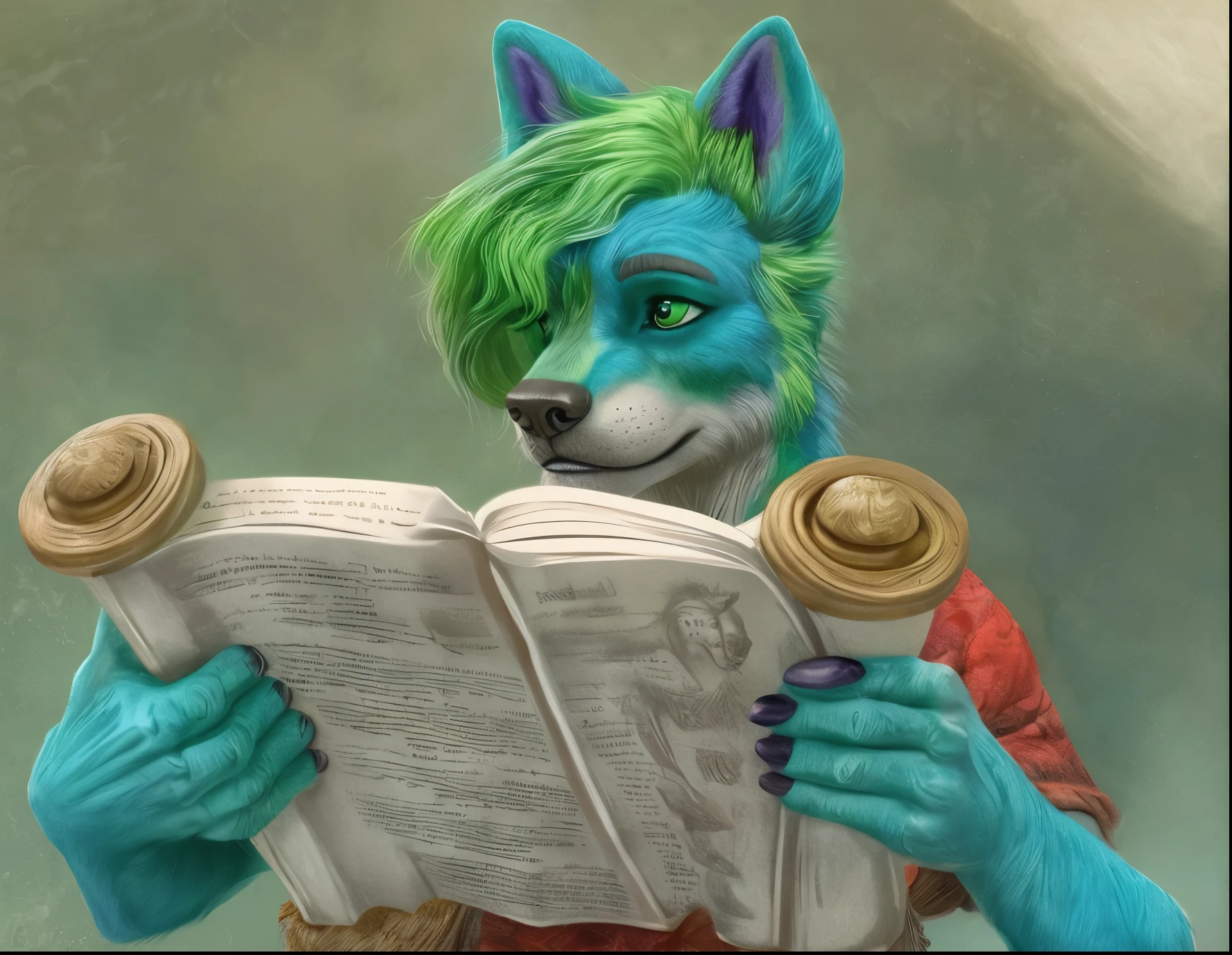 anthro husky man furry tunic reading scroll (green hair)  (purple snout) detailed fur long fur realistic fur digital art