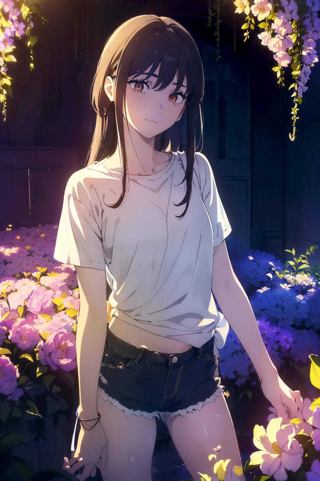 ((((Obra maestra, La mejor calidad, ultrahigh resolution)))), 1girl, standing, (baggy white t-shirt, loose fitting blue shorts, long back hair, long dark black hair, pale skin, ((brown eyes)), glowing_eyes, neon eyes, ((ultra detailed eyes:0.7, beautiful and detailed face, detailed eyes:0.9)), ((centered)), smile, (wide shot), facing viewer, (((vibrant background of outside, LSD flowers, bright lighting, darkneslat chested, ((looking at viewer)), ((half closed eyes)), ((perfect hands)), ((head:1, hips, elbows, arms, in view)), empty eyes, beautiful lighting, defined subject, 25 years old, ((a very cool image)),