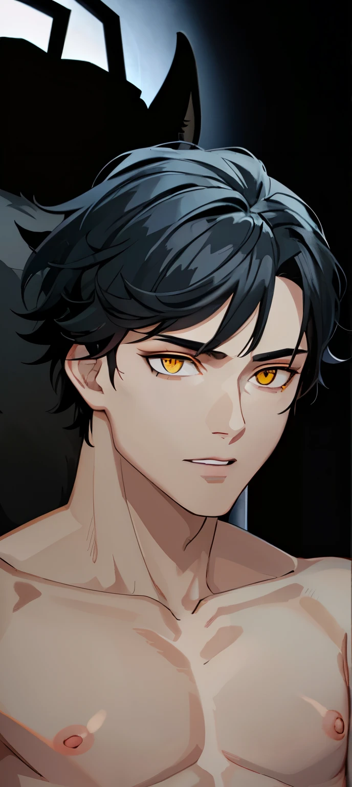 1boy, shirtless, black hair, yellow eyes, wolf eyes, ultra realism , ultra details, 70mm lens