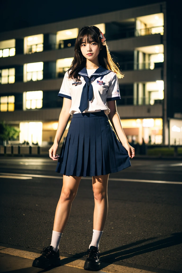 ((Inside a broken concrete building))、((Two beautiful Japan girls))、a beauty girl、Cute same school uniform、Same sailor suit、17 age、Height 170cm、8th class、serious facial expression、With bangs、semi long hair、((Long skirt to hide the knees))、((Navy long skirt below knee length))、total darknessな夜、total darkness、(deep in the night)、the wind、Thin leg、Niō Standing、put strength into your body、((Photography equipment、Photography Staff、Reflector))、Battle Mode、