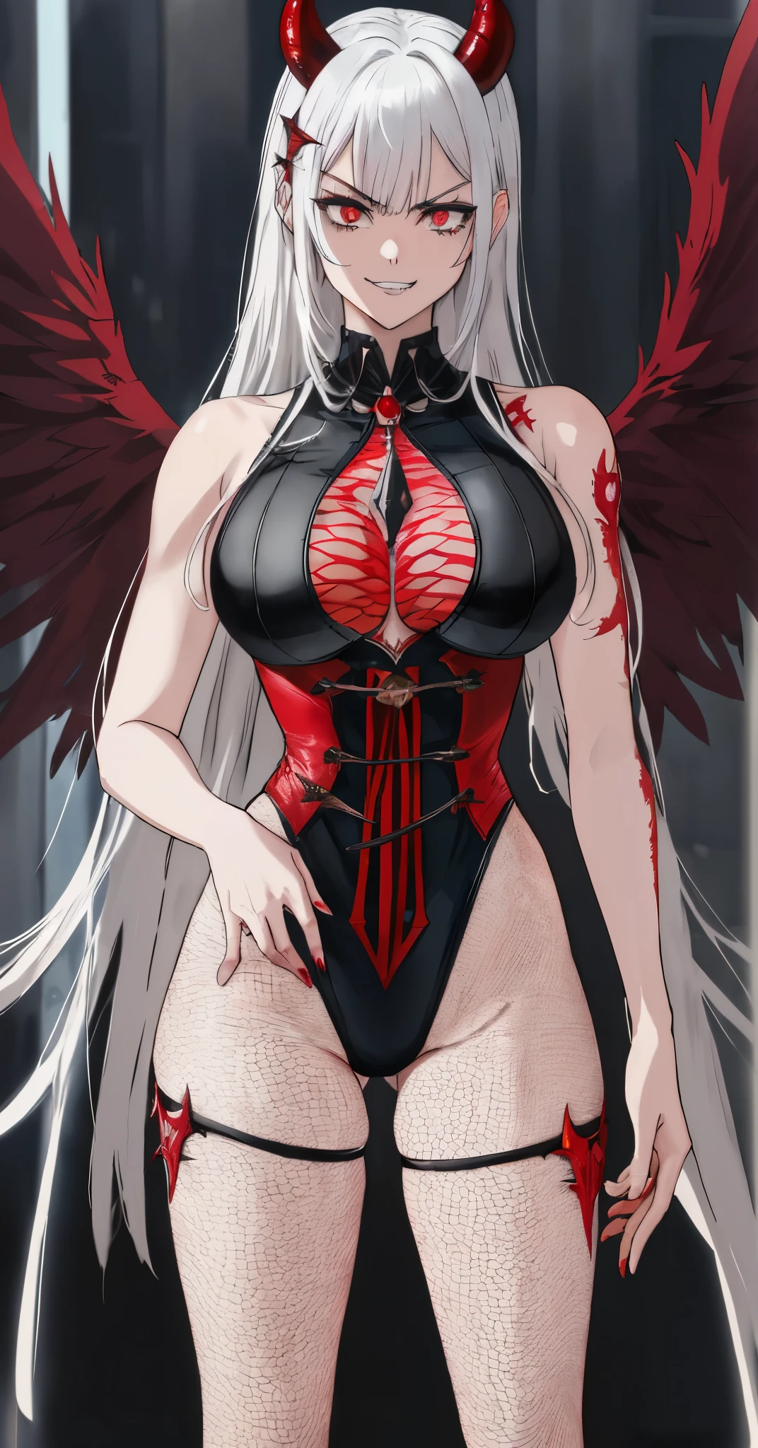 anime girl pov (((look at the camera like a angry,crazy,engread devil smiling))) ((dog toothed)) look white hair with a horns (gothic clothes wear red and black) realistic, a hyperrealistic , ((tall and big body and muscle)), hyperrealistic, anime artstyle, smooth anime cg art, anime full body illus tration big body and big butt, with a wolf tatto ((perfect red eye beauty eyes)), crazy looking condescending look ((legs fish net)) posing for a picture (((backround is hell and fire))) ((angel wings)) realistic bloody hand and bloody droplets