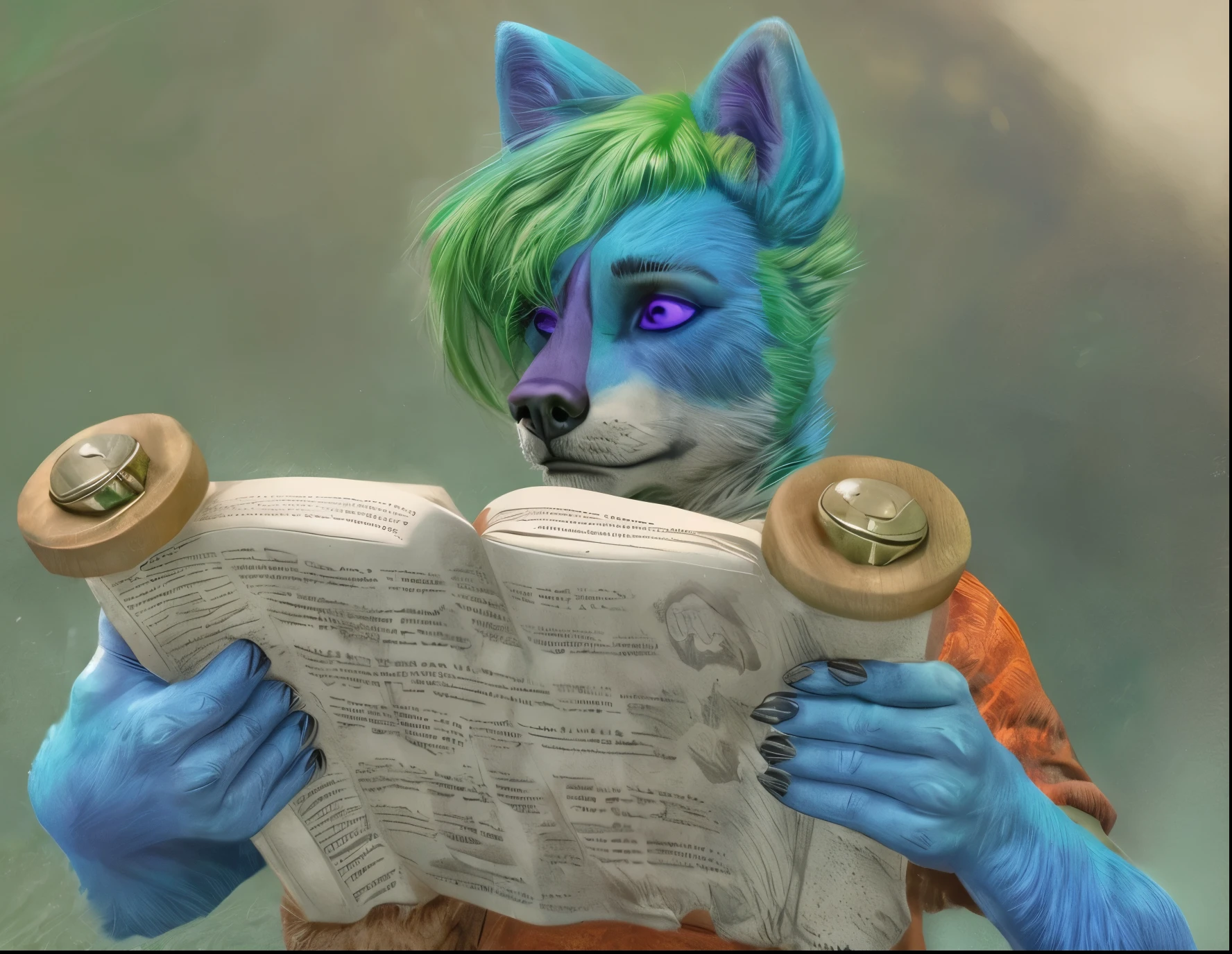 anthro husky man furry tunic reading scroll (green hair) (purple muzzle:1.4) detailed fur long fur realistic fur digital art