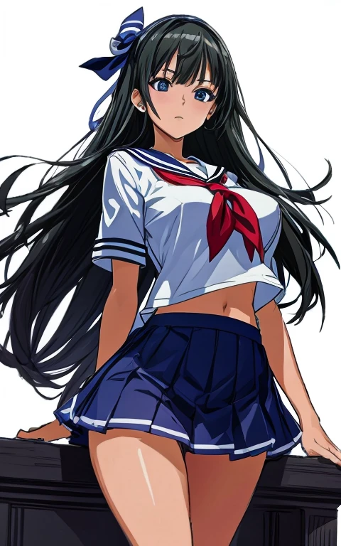 In a building in front of the station, a beautiful woman with long black hair, big breasts, and beautiful legs is standing in a sailor uniform with a white miniskirt and light blue and striped panties, showing off her crotch area, glaring at a middle-aged office worker.。