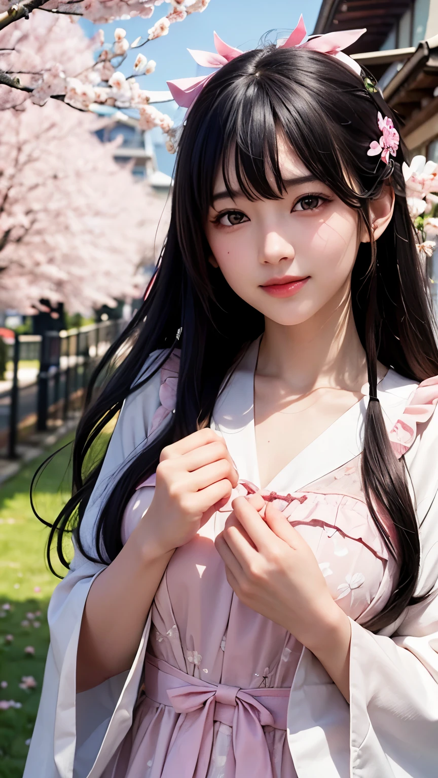 (A logo、masterpiece、8K、masutepiece、Raw photo、Fantastic、Best Quality、フォトリアリスティックでighly detailedな CG 統合 8k 壁紙、hightquality、ighly detailed、epic poem、Particle effect、Dynamic effects、depth of fields、Cinematic Light、Lens Flare、Ray tracing)、Fantasia、 (Beauty 1 person、doress、Dress、Cherry blossom pattern、A dark-haired、Beautiful face、Real Face、beautiful details eyes beautiful skin)、髪がthe windで踊る、Hair flutters in the wind、Hair jumps、Pink cherry blossom tree、Petals flutter、Sakura blizzard、Superb view、morning glow、Sun in the background、the wind、