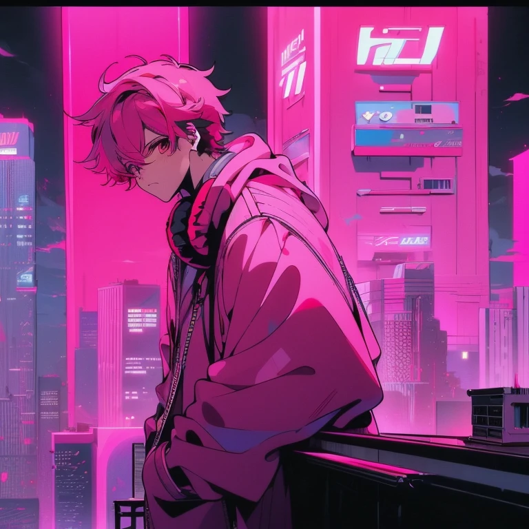 (short-cut), (Two-block hair), (vivid pink hair), (male character), (Red Eyes), (Cool pose), (of the highest quality), (​masterpiece), (ultra-detailliert), (Oversized hoodies), (Street), (neons), (Camera from a down angle), (Modern City), (neonsデイライト), (Cinematic), (Stylish), (hight resolution), (Hyper Detailed), (Looking at the camera), (Anime-style), (Softtown), (nightcore), (a handsome man), (Listening to music through headphones), (natural appearance of the building), (casual), (ig studios anime style), (Super beautiful angle of view),