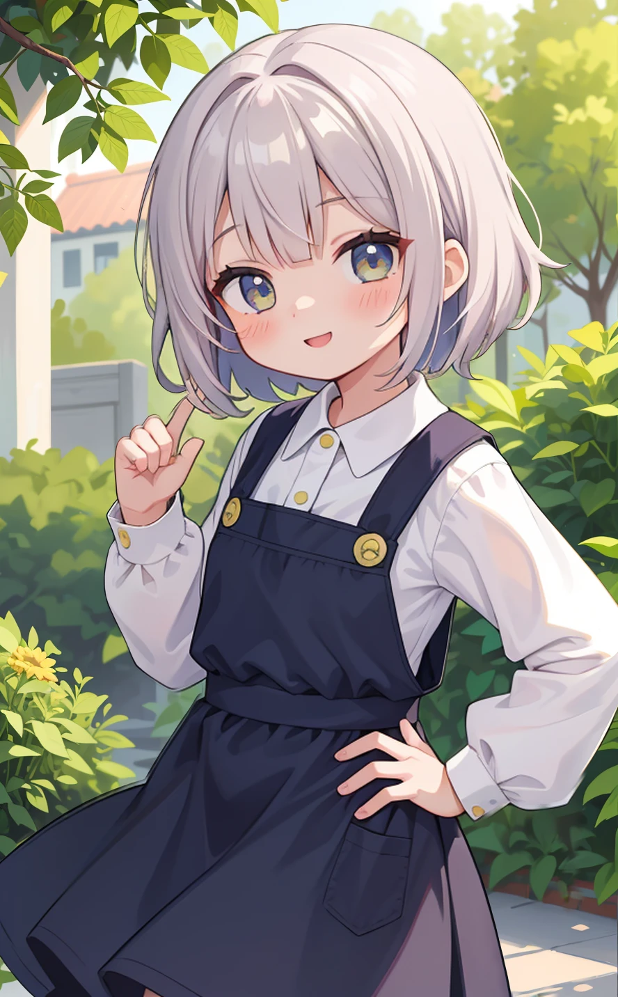 1girl em、COMO-、um sorriso、A delightful! A camisa、saia pelo、(Seios pequenos)Pinafore、Doress、adornos de cabelo、(Empregadas)、Brisa da Primavera、