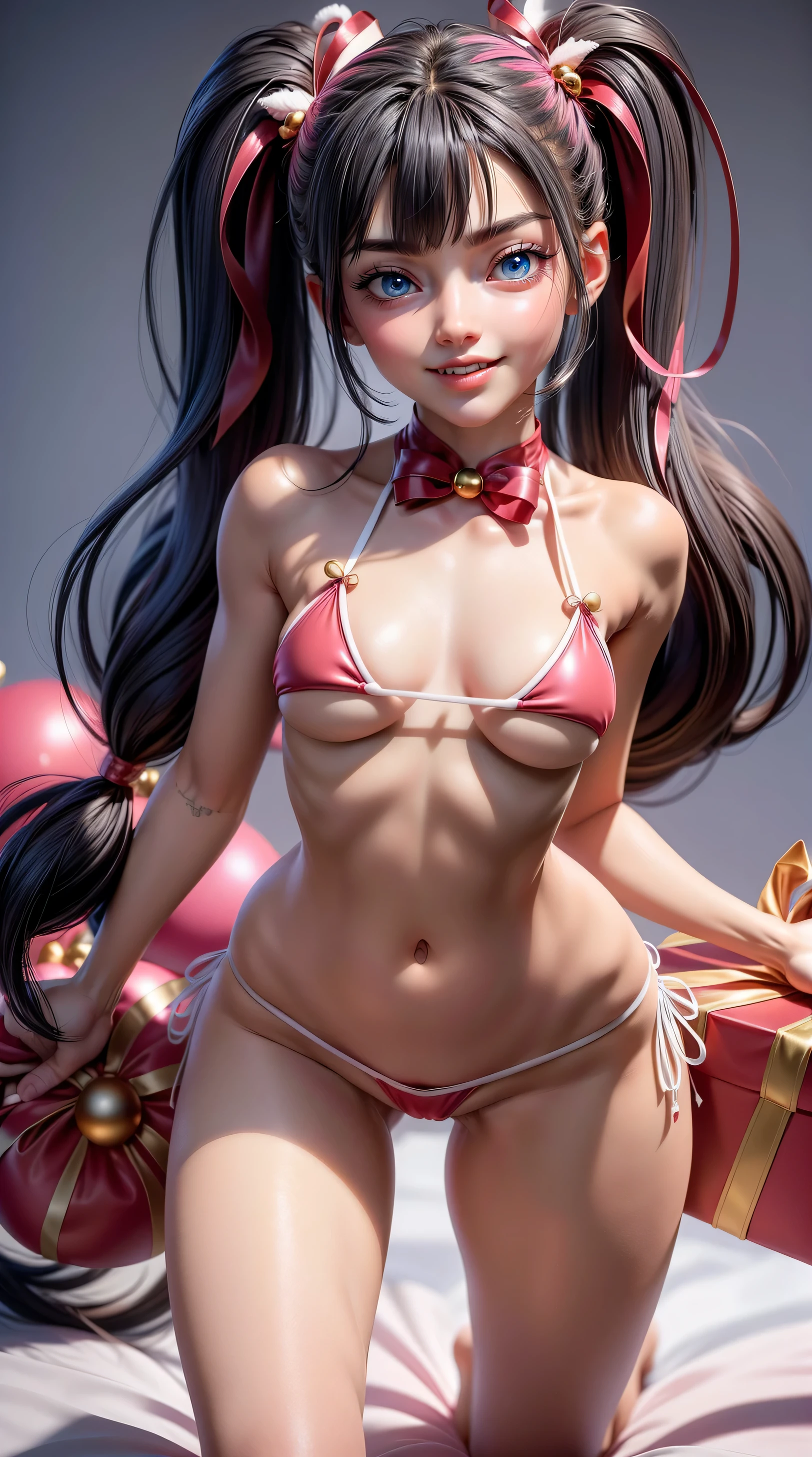 1girl, katara, solo, long hair, messy hair, (((completely nude))), (((Tiny micro highlegs bikini Insert in the pussy lips Santa Claus sexy Costume insert in the pussy lips))), no bra, looking at viewer, blue background, shiny black hair, two side up, pink turtleneck, detailed face, shiny blue eyes, ((happy smile)), sexy lips, luring smile, slightly sexually aroused, voyeurism, red ribbon, hair ribbon, bangs, upper body, parted bangs, blakc ribbon, twintails, nose, legs, ((detailed pussy lips)), ((chritsmas nsfw fantasy)), seductive pose, (many pink christmas colored balloons around), (white snow in the air), 16k.