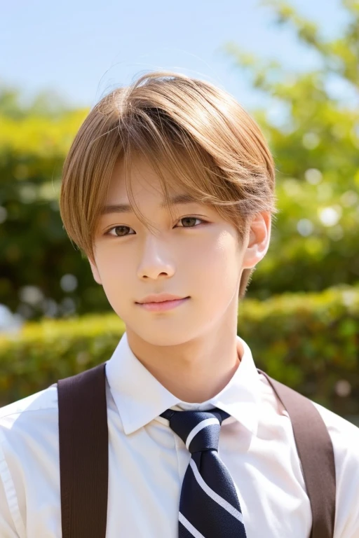 male,center parts,forehead,beautiful young man,japan america mix,,like a girl,orange blond hair,light brown eyes,gray shirts,white necktie,black pants,from front,double eyelids,happy