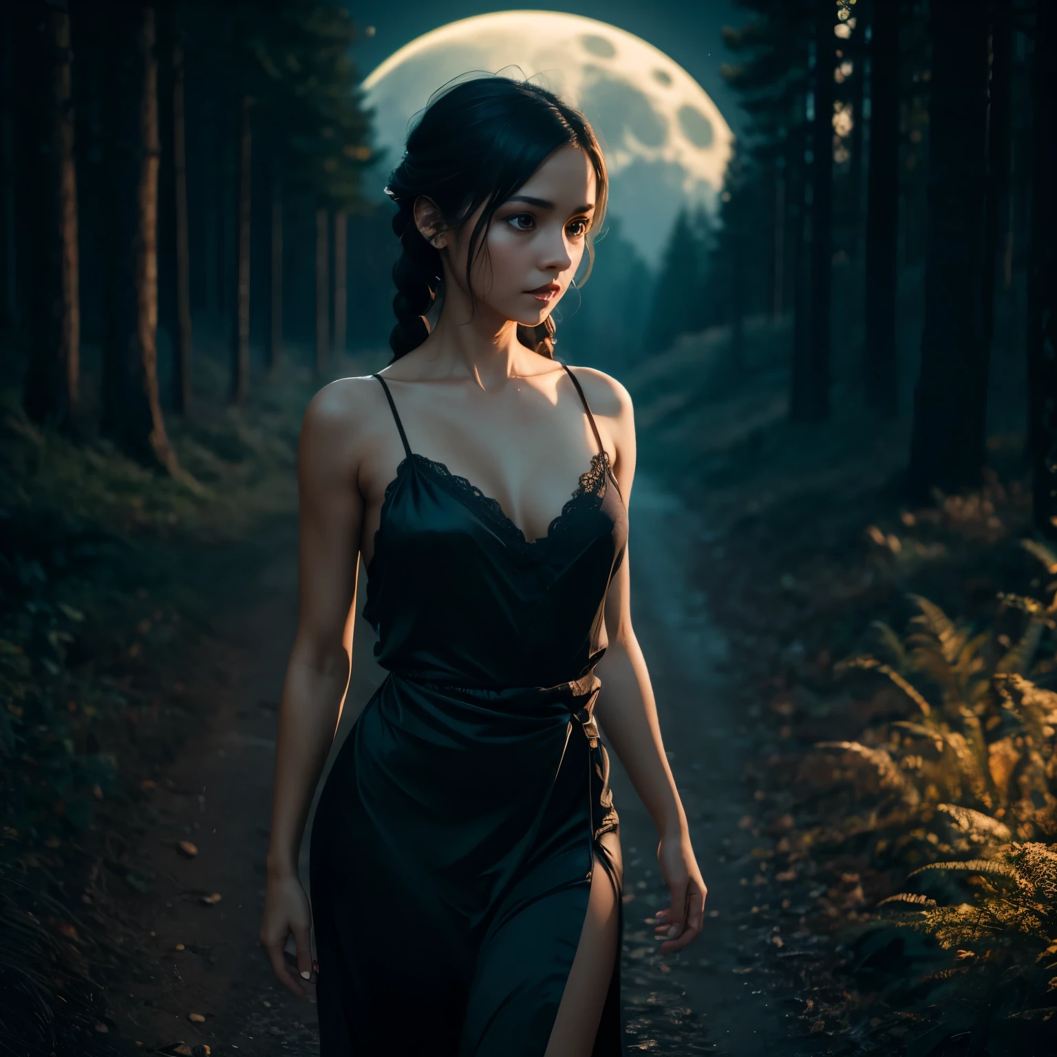 Ultra Realistic, Best Quality, 8k, Masterpiece, Black Haired woman, 37 years old, White Skin, Braids, Black spaghetti straps Satin Dress, , Small, Slender, Full Moon, creepy woods, pink and teal neon lights