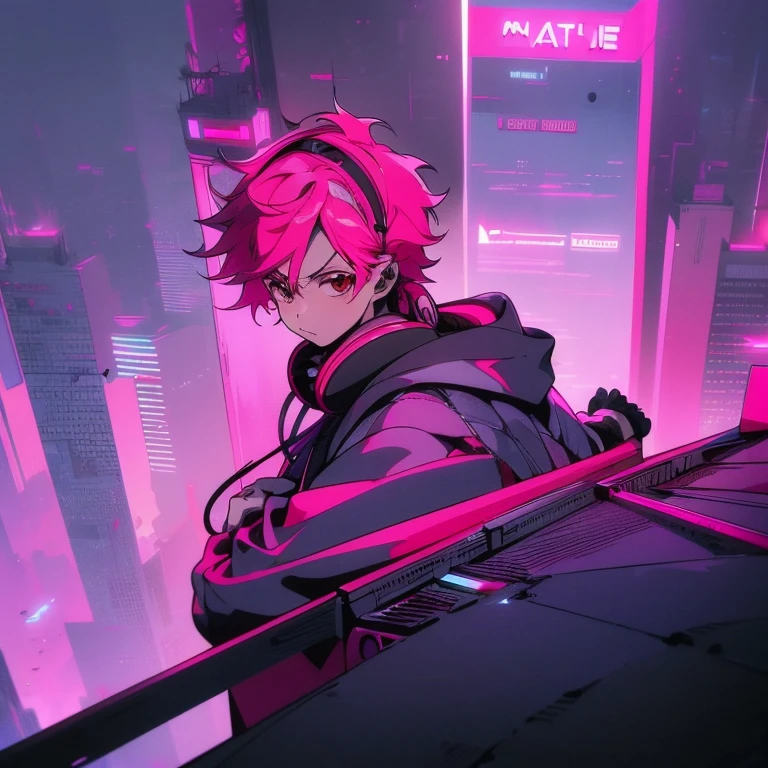 (short-cut), (Two-block hair), (vivid pink hair), (male character), (Red Eyes), (Cool pose), (of the highest quality), (masterpiece), (ultra-detailliert), (Oversized hoodies), (Street), (neons), (Camera from a down angle), (Modern City), (neonsデイライト), (Cinematic), (Stylish), (hight resolution), (Hyper Detailed), (Looking at the camera), (Anime-style), (Softtown), (nightcore), (a handsome man), (Listening to music through headphones), (natural appearance of the building), (casual), (ig studios anime style), (Super beautiful angle of view),
