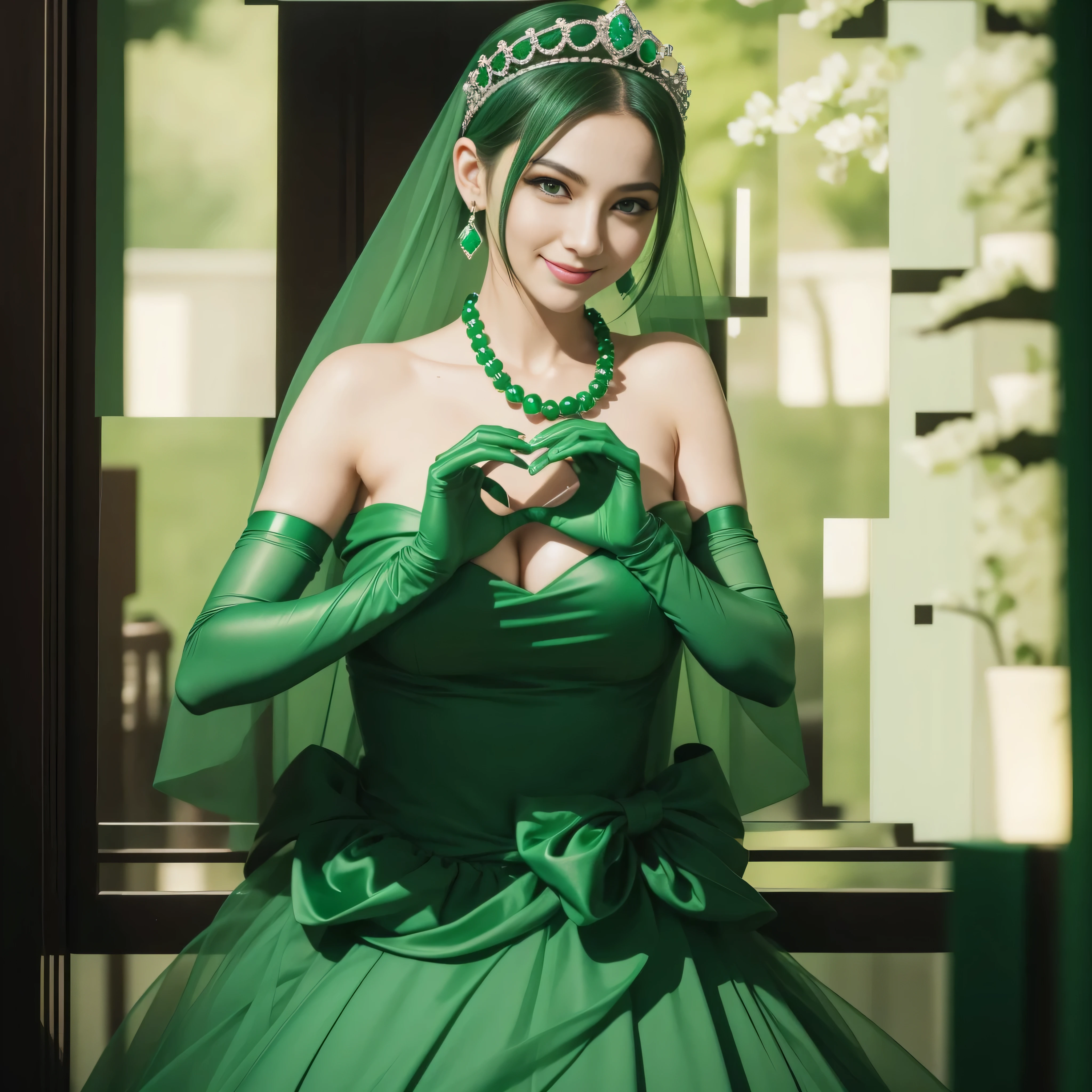 emerald tiara, Green Pearl Necklace, Boyish very short green hair, lipsticks, Japan woman smiling, very short short hair, big breasts beautiful, Green eyes, Long green gloves made of satin material, Green eyes, Emerald Earrings, green vale, 両Heart in the hand, Heart in the hand