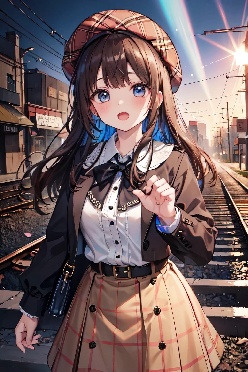 （in 8K, Best Quality, masutepiece:1.2)、超A high resolution, 1 16-year-old female,,ultra-detailed face,deep detailed eyes,brown hair,blunt bangs,shining hair,Long、burberry check beret,(petal collar shirt),Burberry check tiered skirt,(iridescent light:1.4)、Detailed fingers、独奏,flabbergasted,open mouth,standing in the middle of the railroad tracks