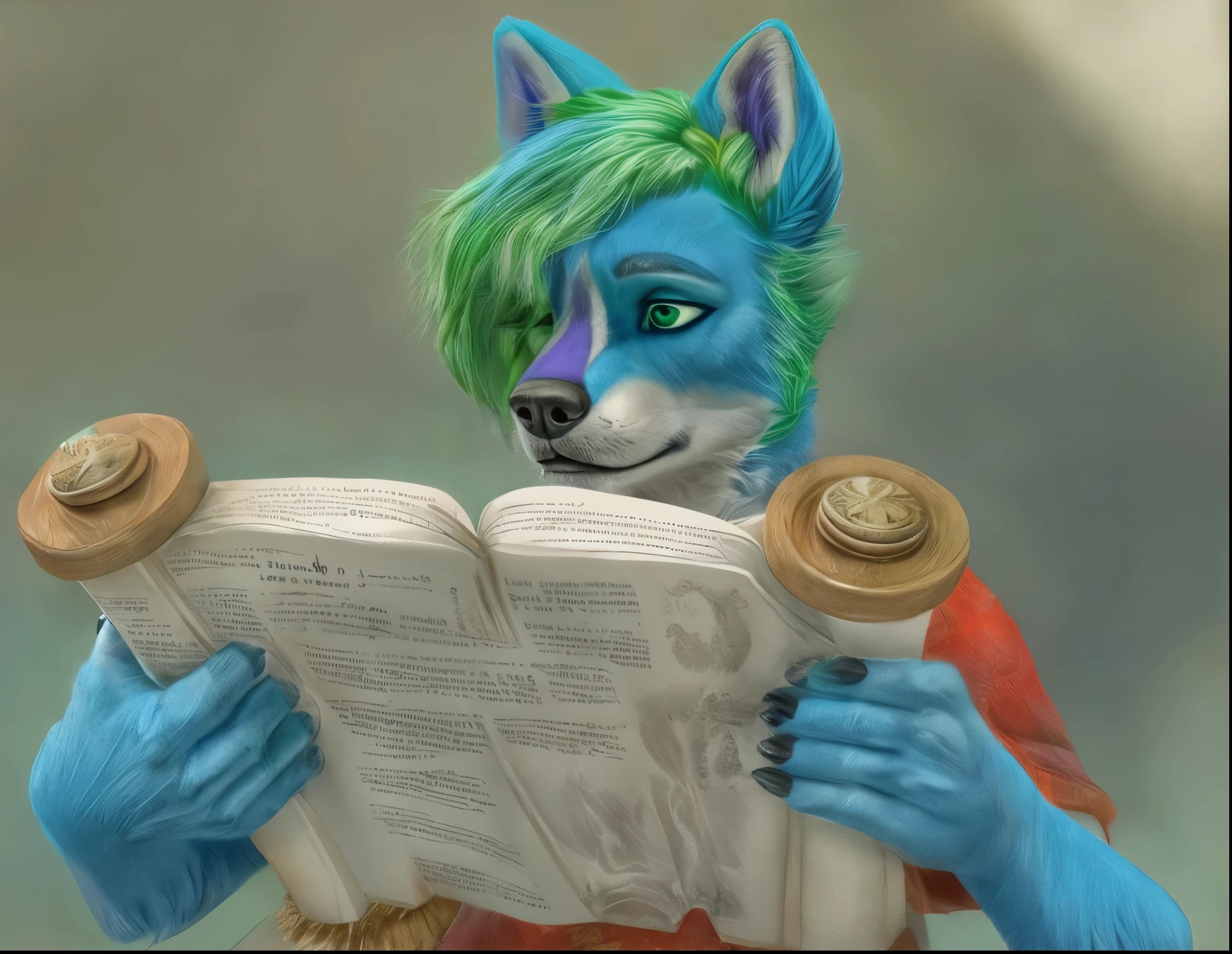 anthro husky man furry tunic reading scroll (blue and white fur) (green hair)  (purple muzzle) detailed fur long fur realistic fur digital art