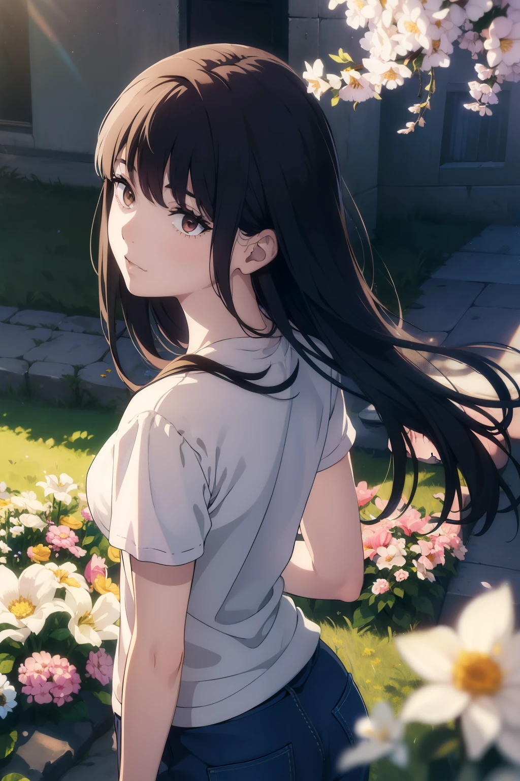 ((((Obra maestra, La mejor calidad, ultrahigh resolution)))), 1girl, standing, (baggy white t-shirt, loose fitting blue shorts, back hair, dark black hair over eye)), long hair cut, pale skin, ((brown eyes)), glowing_eyes, neon eyes, (ultra detailed eyes:0.7, beautiful and detailed face, detailed eyes:0.9), ((centered)), smile, ((wide shot)), facing viewer, (((vibrant background of outside, flowers, bright lighting, summer, sunlight))), flat chested, ((looking at viewer)), ((half closed eyes)), ((perfect hands)), ((head:1, hips, elbows, arms, in view)), ((hands behind back)), empty eyes, beautiful lighting, defined subject, 25 years old, ((cool looking)), ((from above, wide shot))