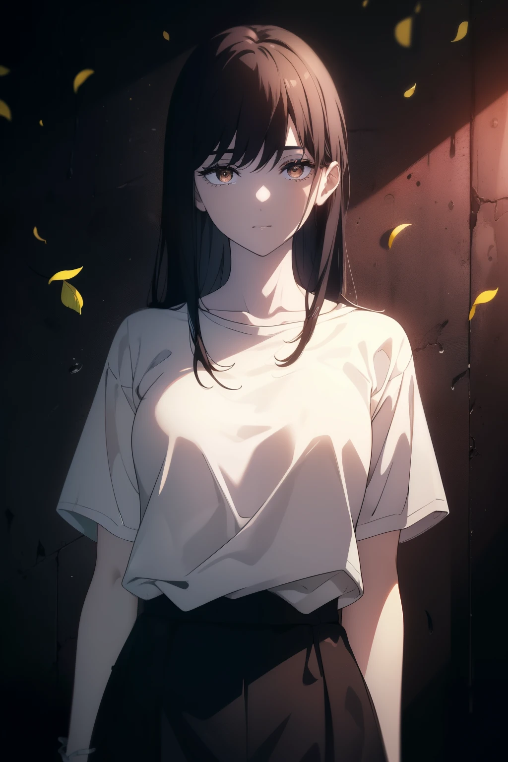 ((((Obra maestra, La mejor calidad, ultrahigh resolution)))), 1girl, standing, (baggy white t-shirt, loose fitting blue shortlack hair, dark black hair over eye)), long hair cut, pale skin, ((brown eyes)), glowing_eyes, neon eyes, (ultra detailed eyes:0.7, beautiful and detailed face, detailed eyes:0.9), ((centered)), smile, ((wide shot)), facing viewer, (((vibrant background of outside, flowers, bright lighting, summer, sunlight))), flat chested, looking at viewer, ((half closed eyes)), ((perfect hands)), ((head:1, hips, elbows, arms, in view)), ((hands behind back)), empty eyes, beautiful lighting, defined subject, 25 years old, ((cool looking))