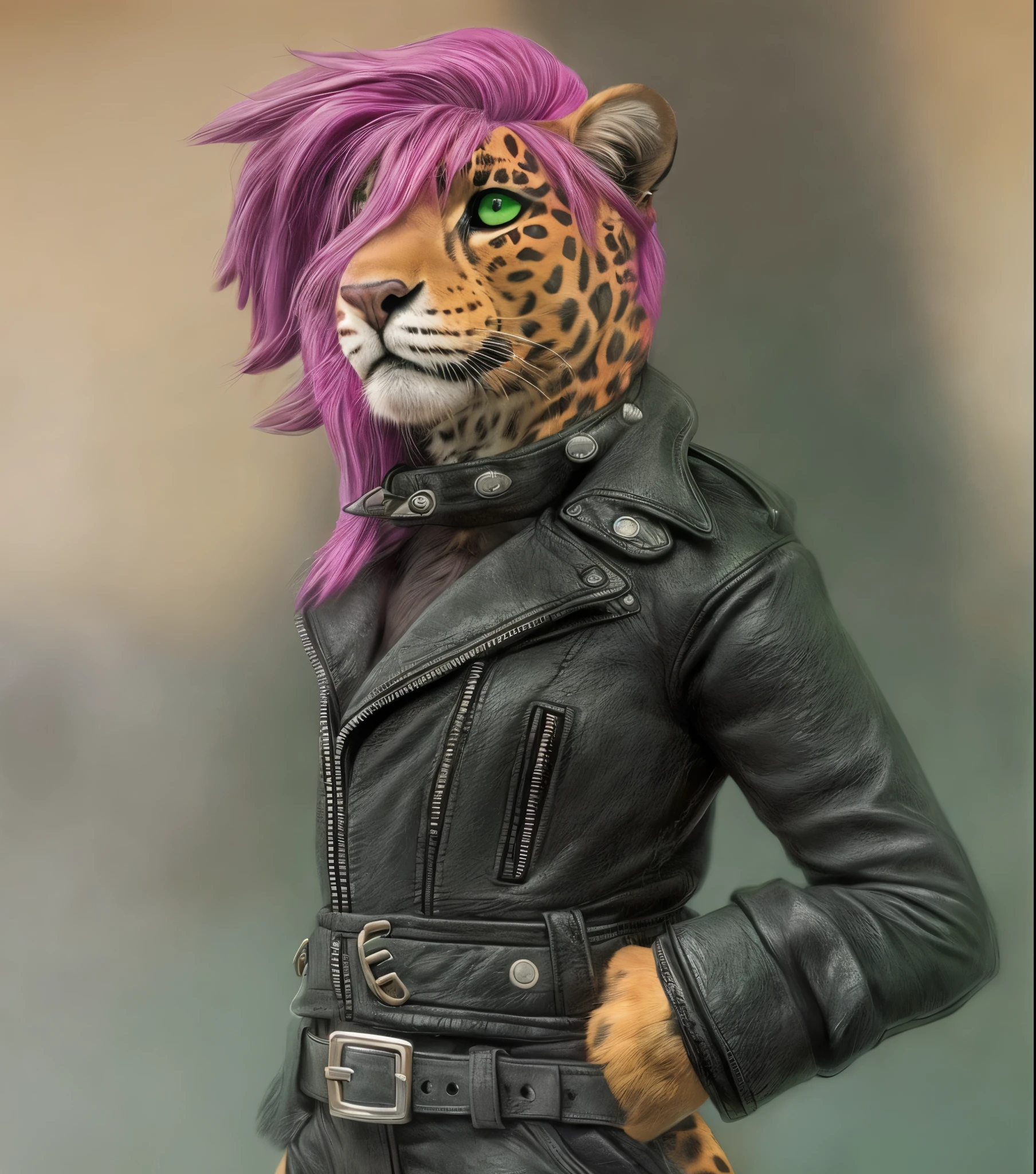anthro jaguar woman furry leather jacket (brown muzzle) (magenta hair) (green eye) detailed fur long fur long hair realistic fur digital art