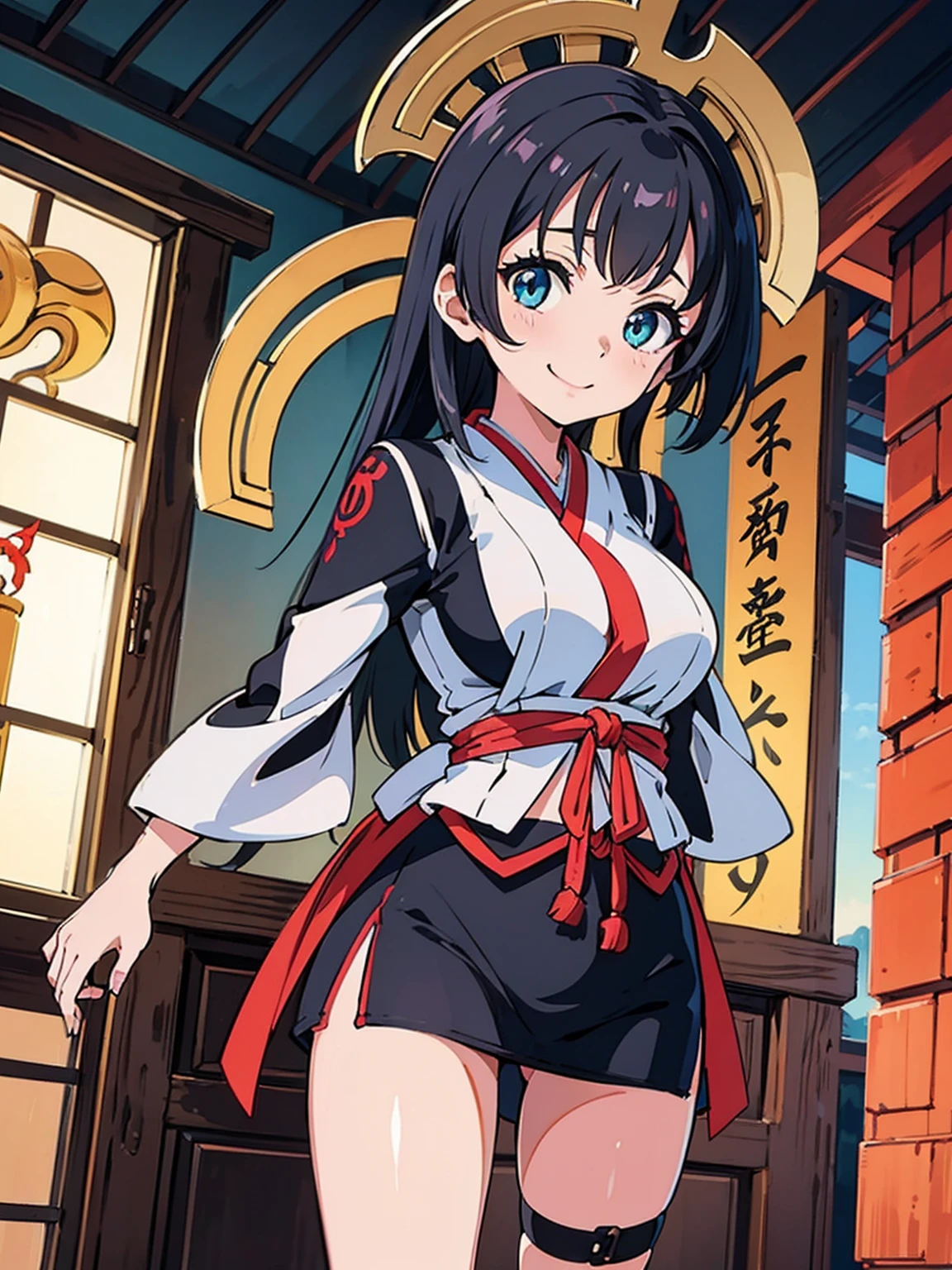 ((masutepiece)), ((best quality)), (ultra-detalhado), ((kawaii)), Cuovemente), ((sexy)), (Foi), ((extremamente detalhado)), 4k, (8k), best quality, (Beautiful), illustration, estilo anime, Pintura, Dynamic angle, corpo inteiro, Esbian de corpo inteiro, Angle looking up from below, (Japan Shrine), Sente-se no recinto, Abra as pernas, gradation, foco de corpo inteiro, Dim Sanctuary, fofa s, 1girl em, sozinho, Maiden Shrine, Beautiful colored eyeeautiful eyes)), de pele branca, Penteados selecionados aleatoriamente, Glutes, Large breasts that are about to burst, Sorriso, sorriso, (corar), efeito espumante, Reflexo da lente, brilhante-cintilante, Brilhando