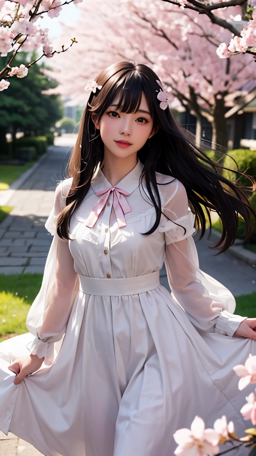 (A logo、masterpiece、8K、masutepiece、Raw photo、Fantastic、Best Quality、フォトリアリスティックでighly detailedな CG 統合 8k 壁紙、hightquality、ighly detailed、epic poem、Particle effect、Dynamic effects、depth of fields、Cinematic Light、Lens Flare、Ray tracing)、Fantasia、 (Beauty 1 person、doress、Dress、Cherry blossom pattern、A dark-haired、Beautiful face、Real Face、beautiful details eyes beautiful skin)、髪がthe windで踊る、Hair flutters in the wind、Hair jumps、Pink cherry blossom tree、Petals flutter、Sakura blizzard、Superb view、morning glow、Sun in the background、the wind、