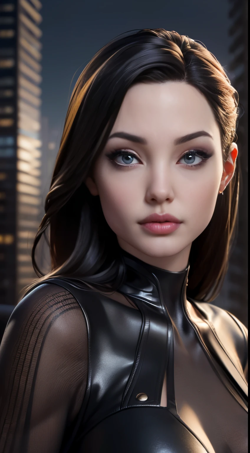 photo of Angelina Jolie, RAW, beautiful woman, ((portrait)), ((detailed face:1.2)), ((detailed facial feature, detailed skin, clear skin), (perfect proportioned body, average size breasts), (wearing a tight black long sleeve dress) (high detailed city environment, apartment balcony), (realistic photo, best quality, detailed), (8k wallpaper), (cinematic lighting, dramatic lighting) (sharp focus, intricate)