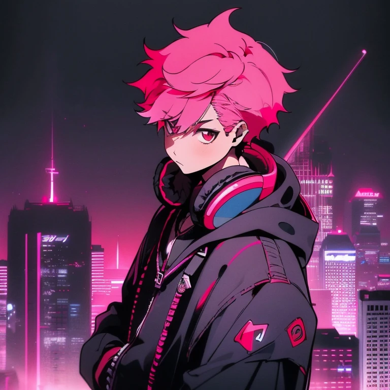 (short-cut), (Two-block hair), (vivid pink hair), (male character), (Red Eyes), (Cool pose), (of the highest quality), (masterpiece), (ultra-detailliert), (Oversized hoodies), (Street), (neons), (Camera from a down angle), (Modern City), (neonsデイライト), (Cinematic), (Stylish), (hight resolution), (Hyper Detailed), (Looking at the camera), (Anime-style), (Softtown), (nightcore), (a handsome man), (Listening to music through headphones), (natural appearance of the building), (casual), (ig studios anime style), (Super beautiful angle of view),