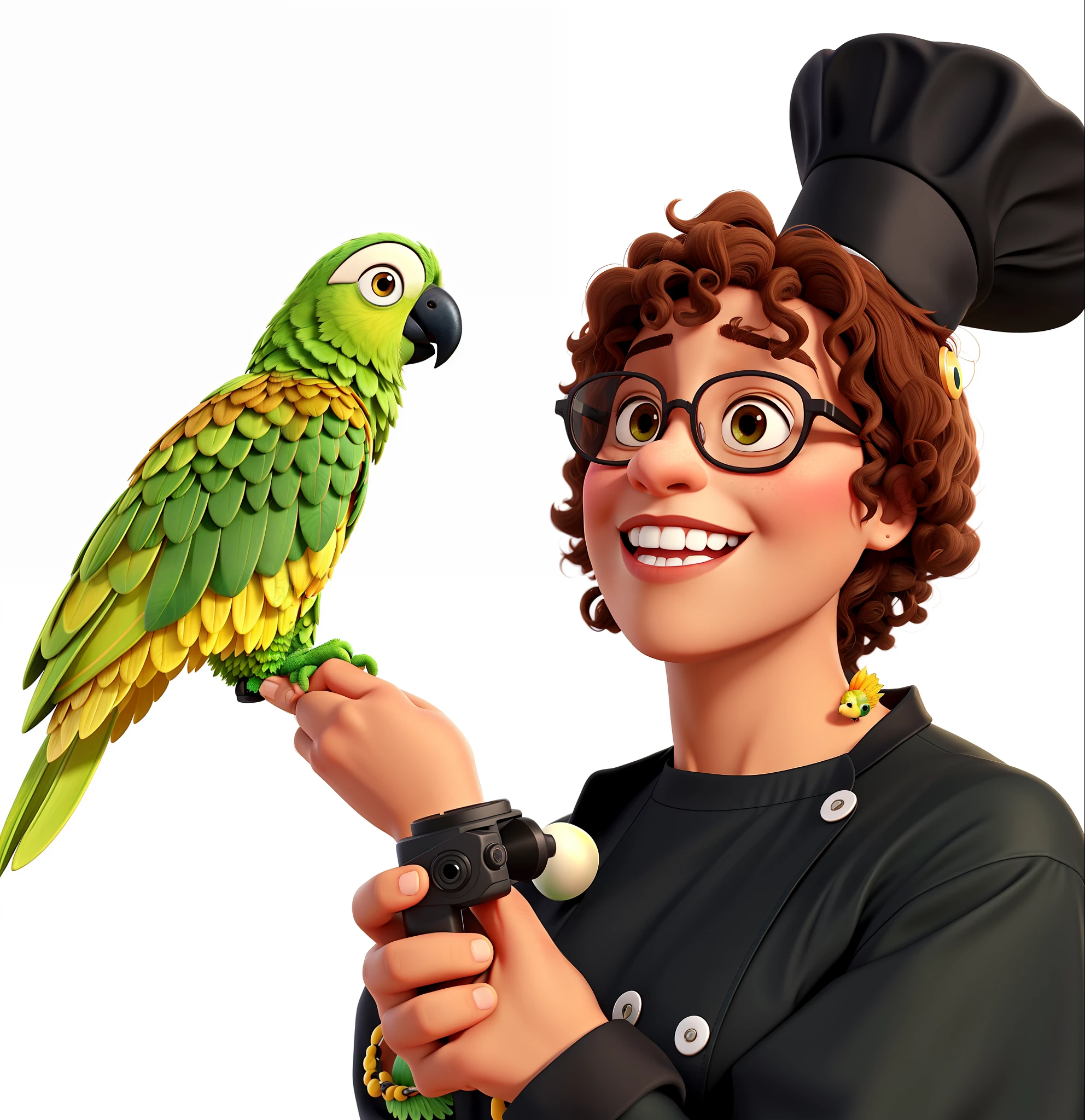 a brown and curly hair woman, wearing cool glasses, about 45 years old, dressed with a chef/cook hat and uniform, over a white background, holding a green brazilian parrot, pixar style