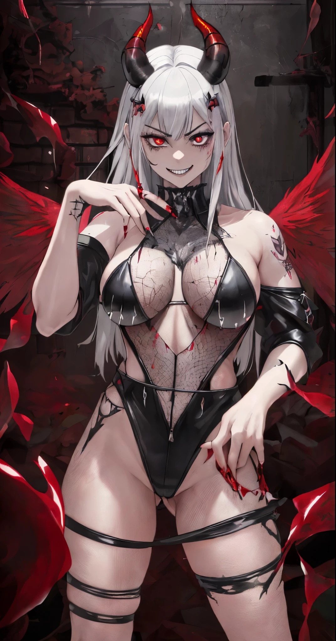 anime girl pov (((look at the camera like a angry,crazy,engread devil smiling))) ((dog toothed)) look white hair with a horns (gothic clothes wear red and black) realistic, a hyperrealistic , ((tall and big body and muscle)), hyperrealistic, anime artstyle, smooth anime cg art, anime full body illus tration big body and big butt, with a wolf tatto ((perfect red eye beauty eyes)), crazy looking condescending look ((legs fish net)) posing for a picture (((backround is hell and fire))) ((angel wings)) (((realistic bloody hand and bloody droplets))) ((dirty bloody clothes)) (((scar left black eye)))