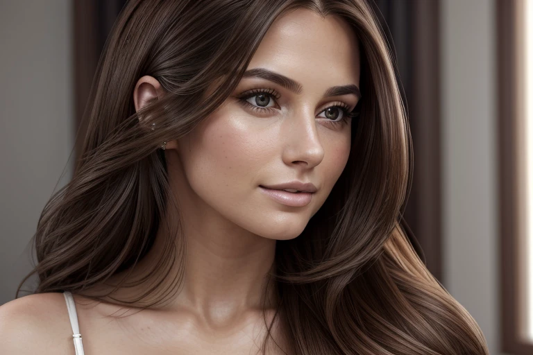beautiful detailed portrait of a woman with long natural brown hair, emphasizing beauty and hair care (high-res, 4k, photorealistic), natural light, soft colors, fine details, hairstyling equipment, hair products, professional salon atmosphere
