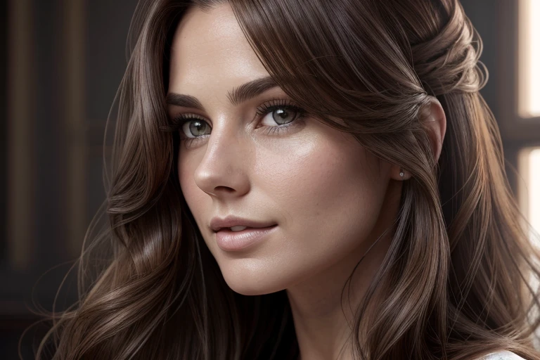 beautiful detailed portrait of a woman with long natural brown hair, emphasizing beauty and hair care (high-res, 4k, photorealistic), natural light, soft colors, fine details, hairstyling equipment, hair products, professional salon atmosphere