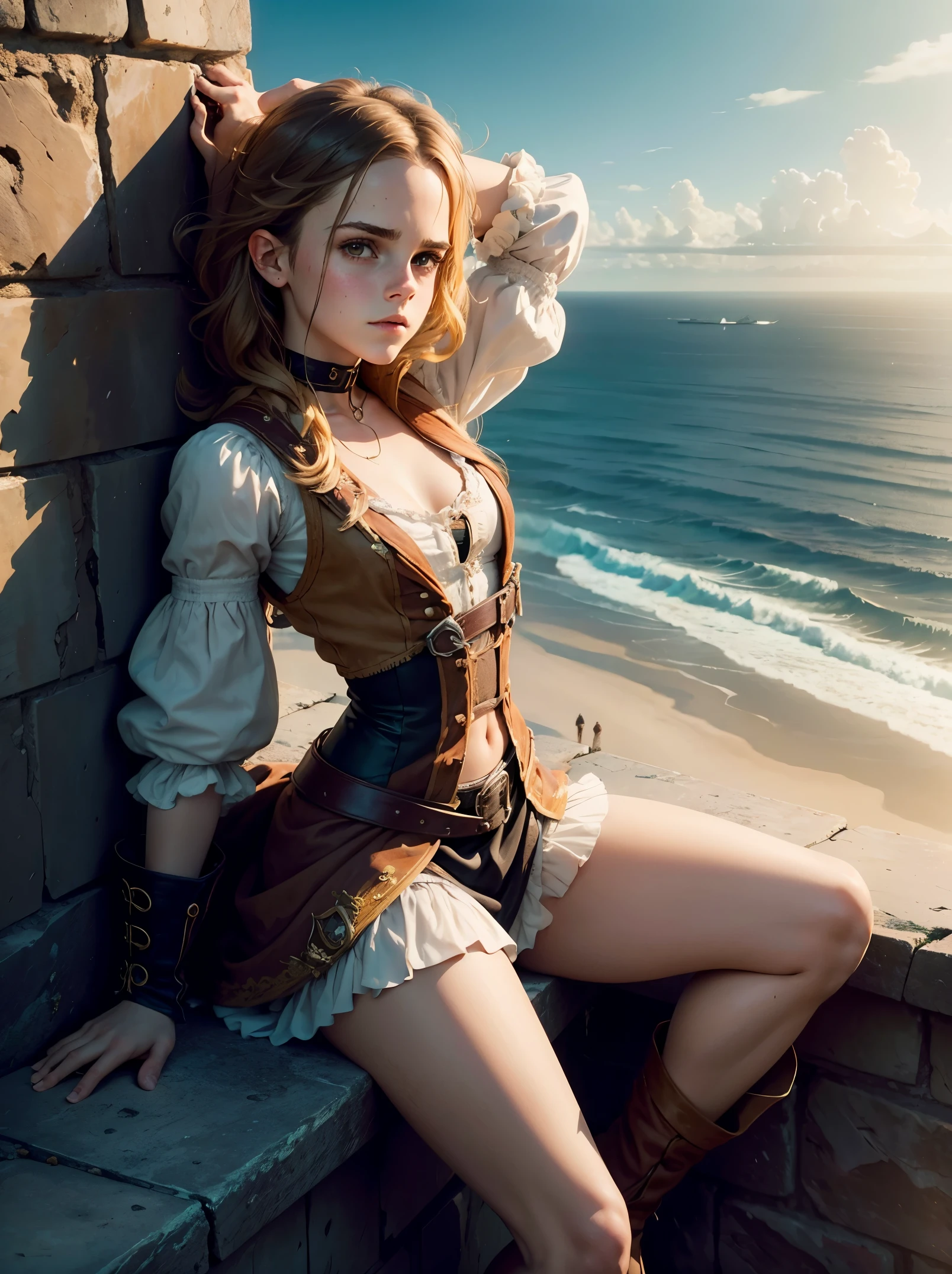 a beautiful teen emma watson dressed as a pirate girl sitting on a wall. stretching her arms. as a captivating figure amidst the desolation. from above. background ocean.