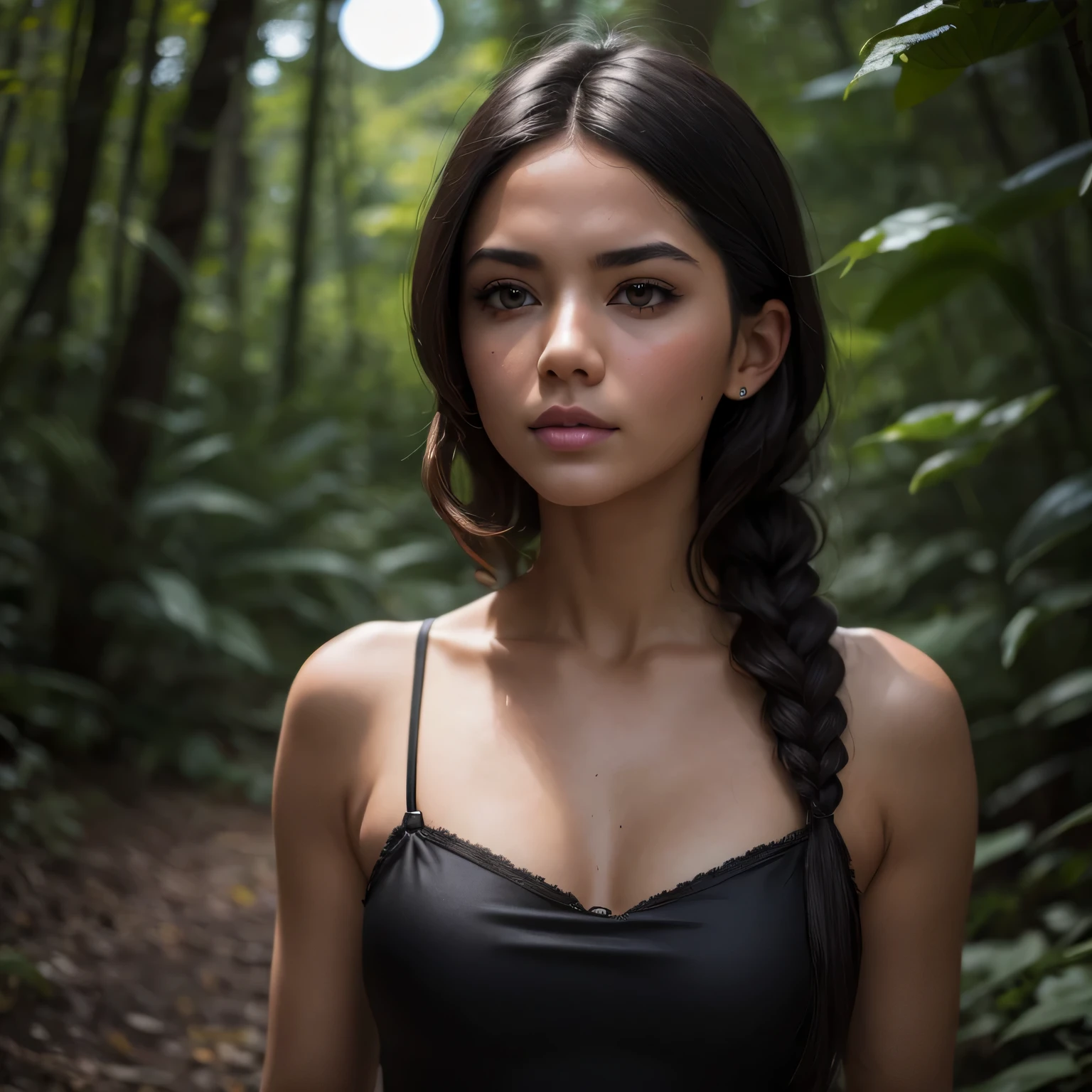 Ultra Realistic, Best Quality, 8k, Masterpiece, Black Haired woman, 37 years old, White Skin, Braids, Black spaghetti straps Satin Dress, Baby Face, Small, Slender, Full Moon, creepy woods, pink and teal neon lights