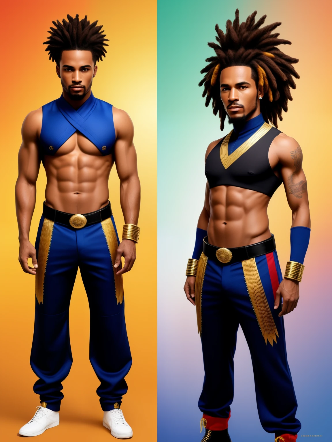Create an image of a black ninja after an apocalypse in the future, afro cabelo caindo para frente, Rasta type but braided, corpo inteiro, wearing an Indian costume African ribulo full body, A realistic 4K phoenix with blue feathers, dourado, cosmico , com uma Moreno, de cabelo afro cabelo caindo para frente, Rasta type but braided, Estilo Art Vista de Corpo Inteiro, plano completo, vista frontal, Vista lateral, vista traseira, de personagem, Multiple views and poses, various points of view, um personagem, corpo inteiro, personagem com menos, estilo de roupa, no mesmo Estilo de cabelo, less Type of footwear, strong full-body vision, plano completo, vista frontal, vista traseira, design de personagem, Multiple views and poses, various points of view, de um personagem, corpo inteiro,, personagem com mesmo, estilo de roupa, no mesmo Estilo de cabelo, same type of footwearexpressionThe route follows the nuclei of the flag of Cape Verde. The top is deep blue, simbolizando o oceano que cerca as ilhas. The chest and the central part are white, representando a paz e a unidade do povo cabo-verdiano. The sleeves and legs are red, denoting determination and spirit, do 10 Estrelas Douradas, : Ten gold stars are prominently displayed at the top of the costume, ao longo do peito e ombros, representando as 10 principais ilhas de Cabo Verde. Cada estrela, It is carefully detailed and shines brightly against the background Star Belt A wide belt, also golden, is used in Tribal Details, O traje incorpora elementos tribais discretos em seu design, referencing the cultural heritage of Cape Verde