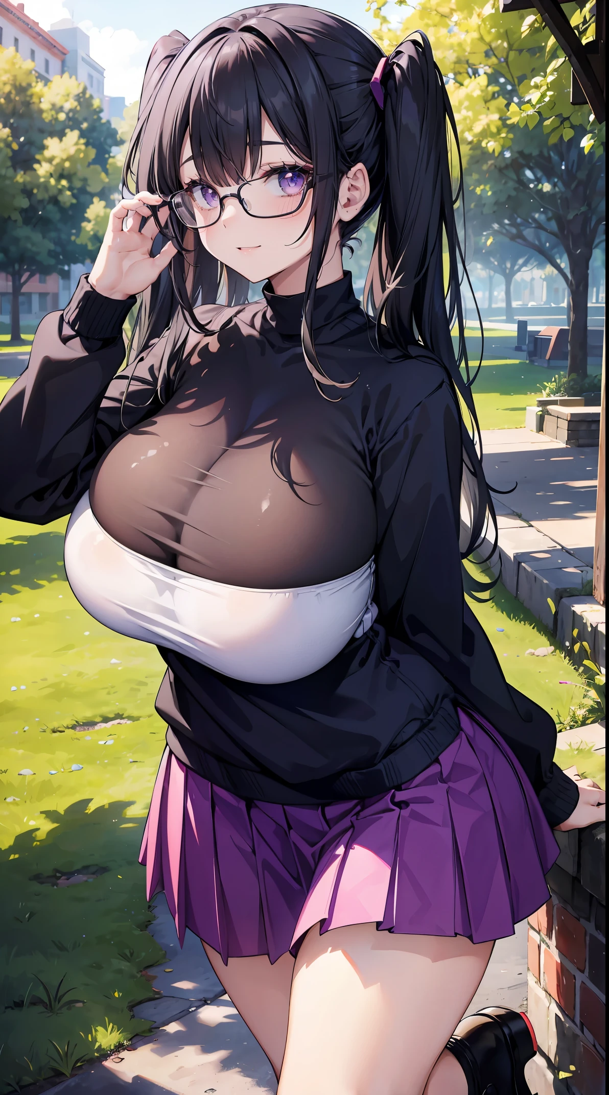 absurd, 8k, high resolution, ultra detailed, vivid colors, wallpaper, perfect lighting, beautiful skin, perfect shadows, beautiful eyes, detailed eyes, detailed face, masterpiece, best quality, detailed clothing, full body, young girl, body voluptuous, face with a happy expression, huge breasts, huge thighs, wears a long skirt and a sweatshirt, is in a park, black hair with two pigtails and bangs that cover one eye, purple eyes, wears glasses