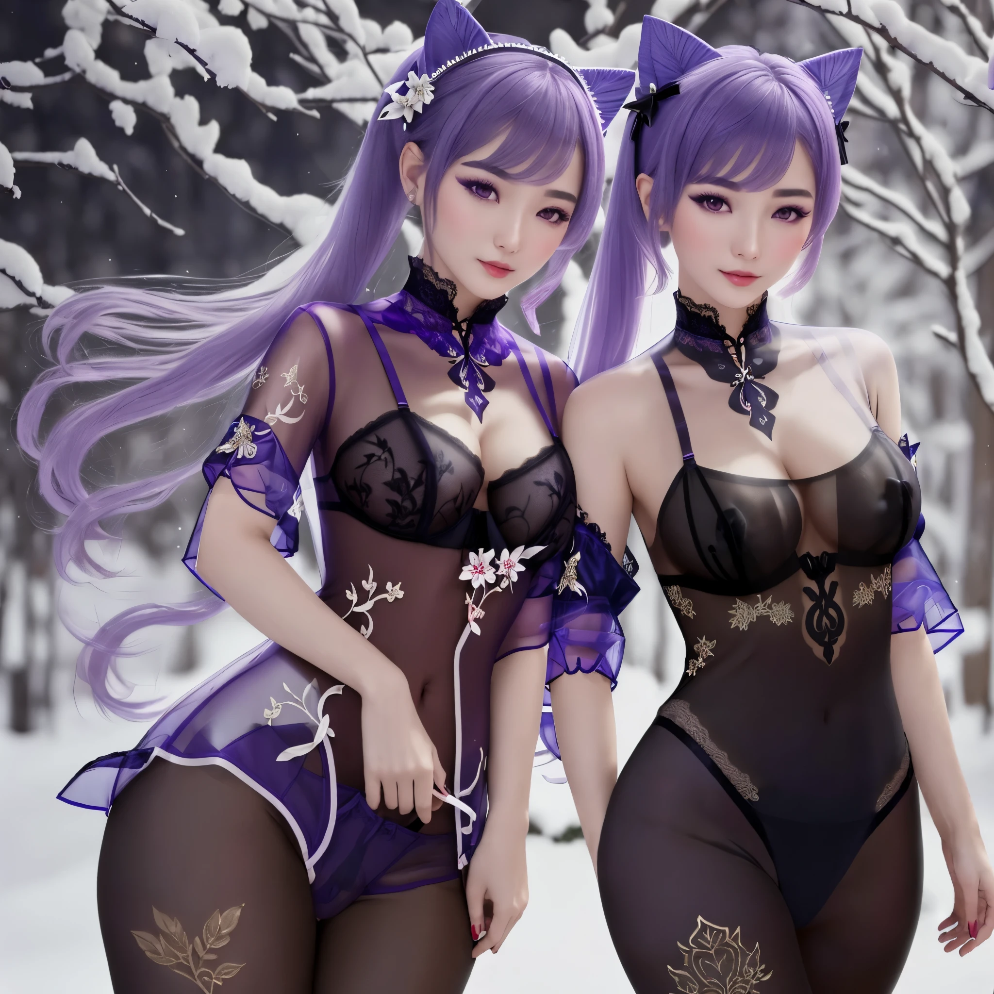 (Best Quality, 8K, Masterpiece, Ultra HD: 1.3, Ultra quality cinematic lighting, Huge detail, Well lit, Real Skin), traditional beauty, gorgeous chinese model, draped in purple and blue silk, with beautiful exoticism, long purple hair, violet eyes, cat ears on top of head, (pubic is visible through lingerie:1.2), (short black pubic hair is visible through lingerie:1.2), (dark red nipples:1.2), (nipple heads visible on lingerie:1.2), (ultra transparent lingerie on the right girl:1.7), (no panties:1.4), soft, a fluffy, scenery, snowy
