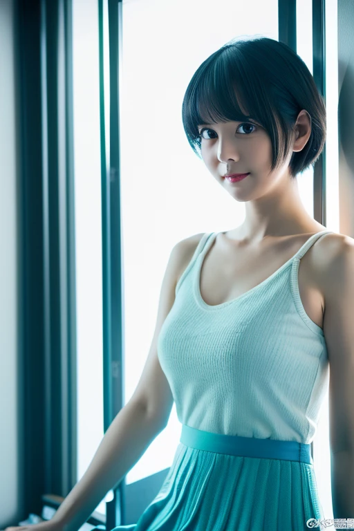 Best Quality, masutepiece, (masutepiece, Best Quality, Hires, hight resolutionであり:1.2), Extremely detailed, hight resolution, (Cinematic lighting, Perfect Lighting, Sunlight), 1girl in, 20s, Cute, Smirk, Black hair, (Light blue eyes:1.2), Porcelain Skin, Looking at Viewer, small tits, white v neck tank top, Blue pleated skirt, Shy, Accidental exposure, pantiy, Skirt lift,