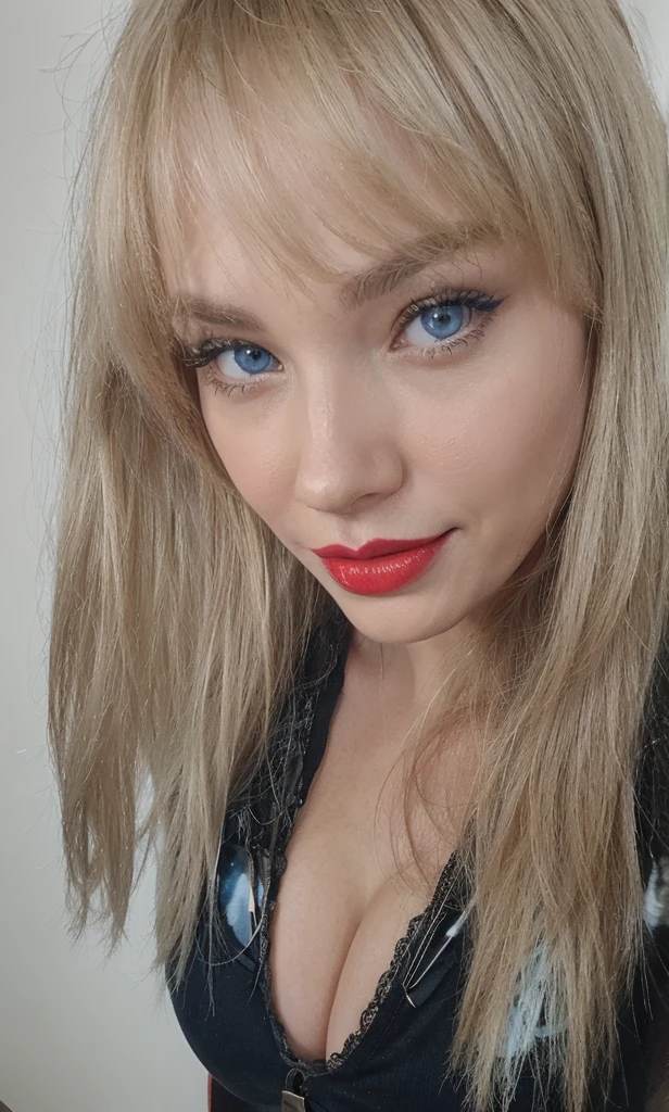 Smile, blue eyes, red lips, huge breasts, cleavage