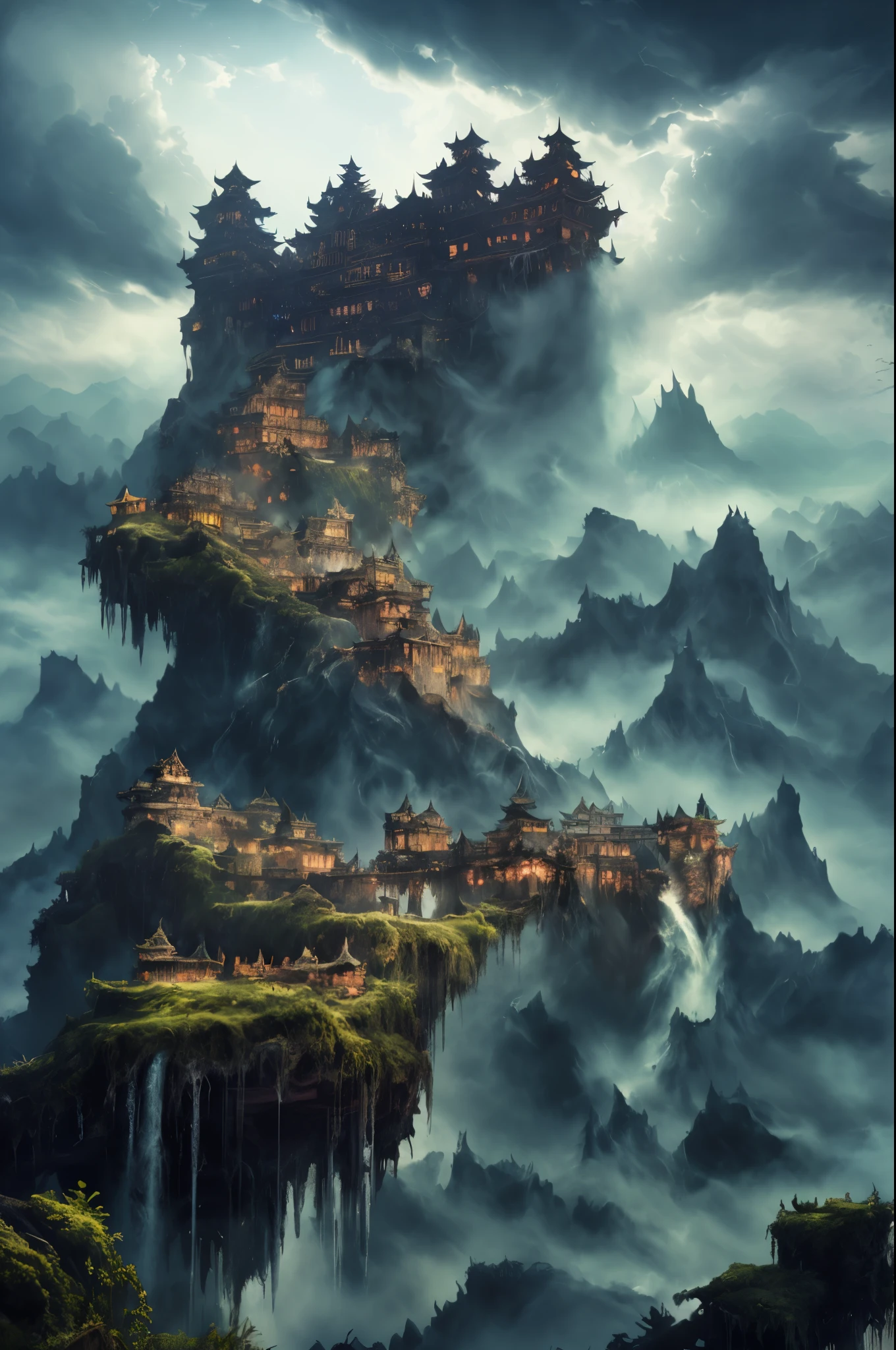 dreamlikeart absurdres highres masterpiece best quality,town castle forest sea sky clouds, ancient chinese castle scenery, (mysterious black fog), (dilapidated), absurdity, realistic lighting, (abyss) masterpiece, high quality, beautiful graphics, high detail, miaobishenghua , clouds, wind, stone fragment, night, moonlight, beautiful detailed ruins, [(black background:1.5)::5], painted as a game concept art, library of ruina concept art, matte painting concept art, doom eternal concept art, environment painting, waterfalls, monster's  as castle's foundation, concept art ， highly rendered, scenery game concept art, castle on a monster's ,pin up