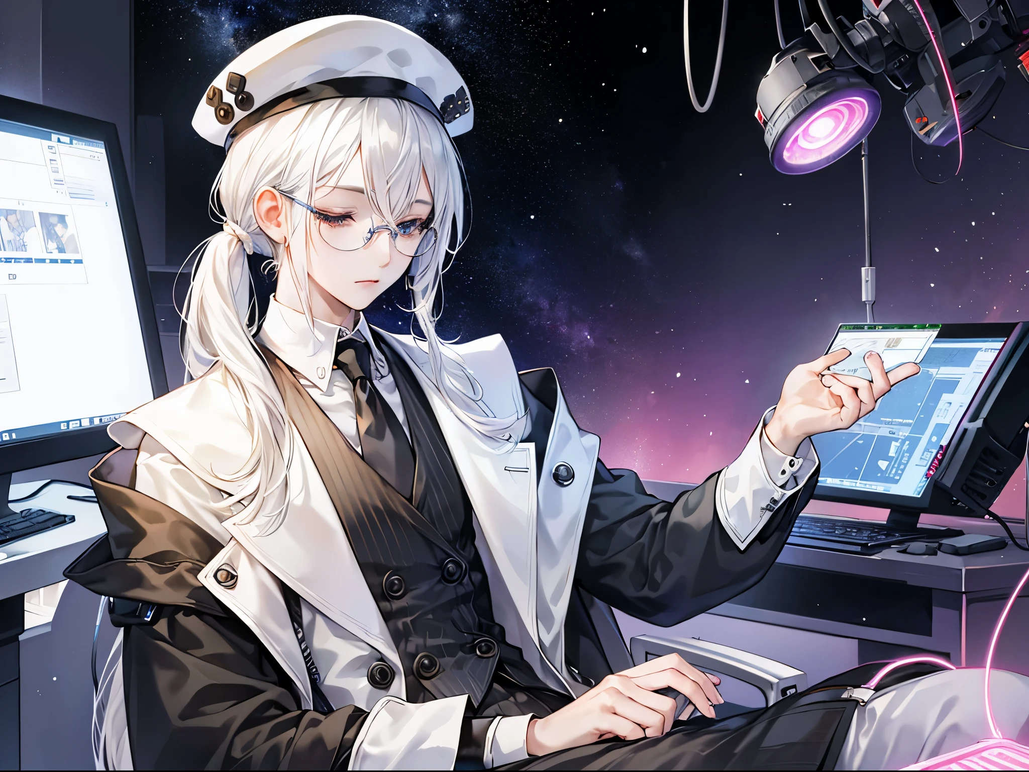 (masutepiece)(high-detail)20s male android、Male Solo、white hair、poneyTail、Hats、tailcoat、neck tie、He wears round glasses with no rims、Quietly close your eyes、Sitting on a chair on a machine(middle of screen、Chairs are connected by multiple cables、Charging)、Background with(An electronic world that feels like science fiction、A space that feels like inside a machine、Virtual space、near future)