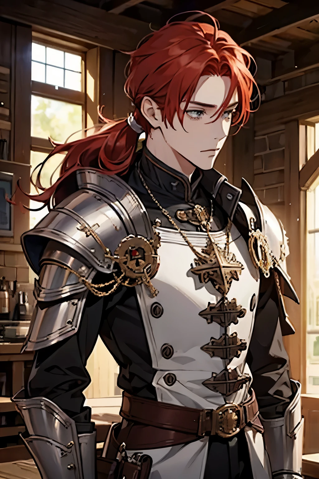 1boy, male, adult, red hair, paladin, sun, white knight, steampunk, ponytail, armor