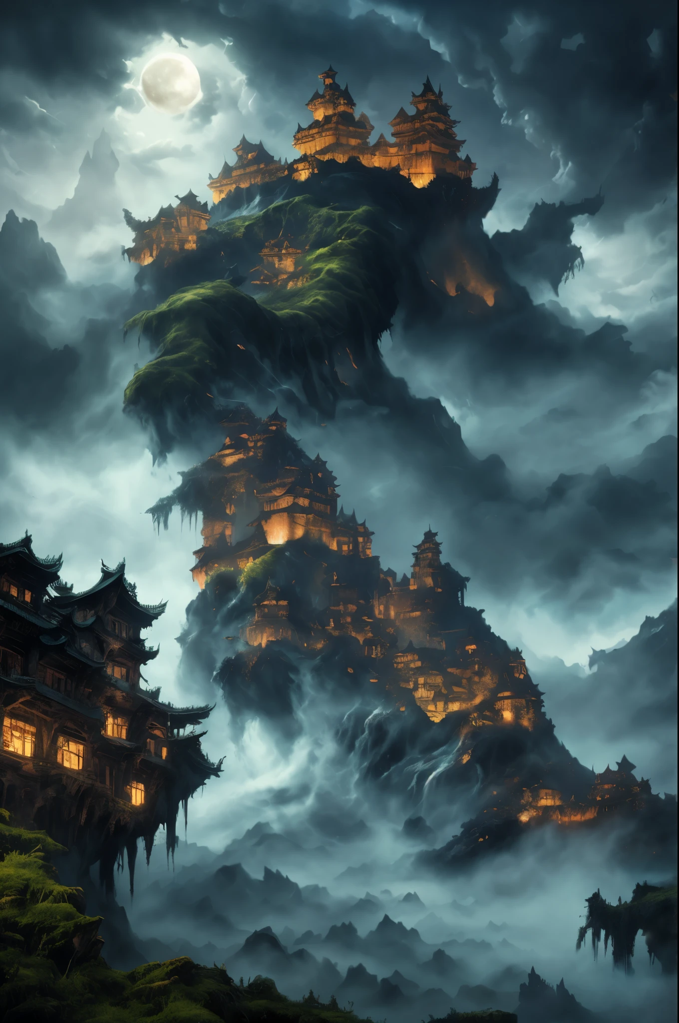 dreamlikeart absurdres highres masterpiece best quality,town castle forest sea sky clouds, ancient chinese castle scenery, (mysterious black fog), (dilapidated), absurdity, realistic lighting, (abyss) masterpiece, high quality, beautiful graphics, high detail, miaobishenghua , clouds, wind, stone fragment, night, moonlight, beautiful detailed ruins, [(black background:1.5)::5], painted as a game concept art, library of ruina concept art, matte painting concept art, doom eternal concept art, environment painting, waterfalls, monster's  as castle's foundation, concept art ， highly rendered, scenery game concept art, castle on a monster's ,pin up